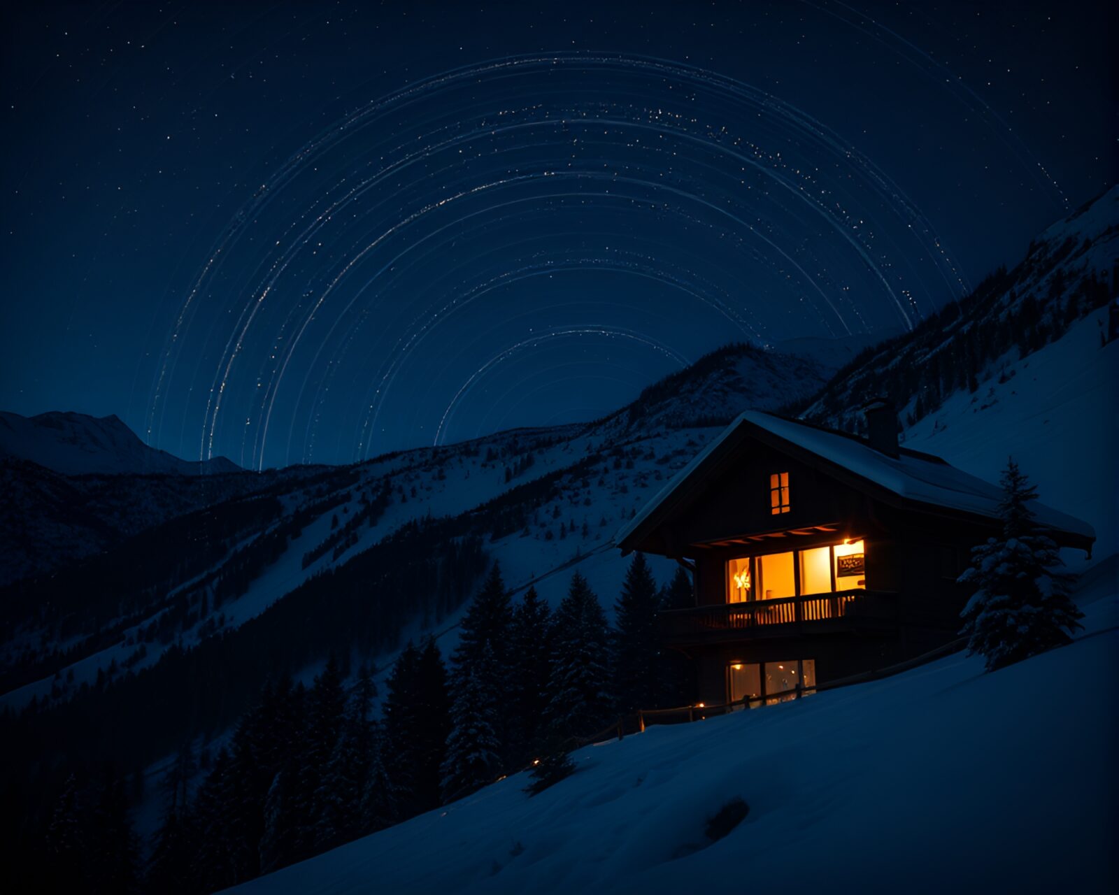 Magical alpine chalet with vibrant firefly-like lighting
