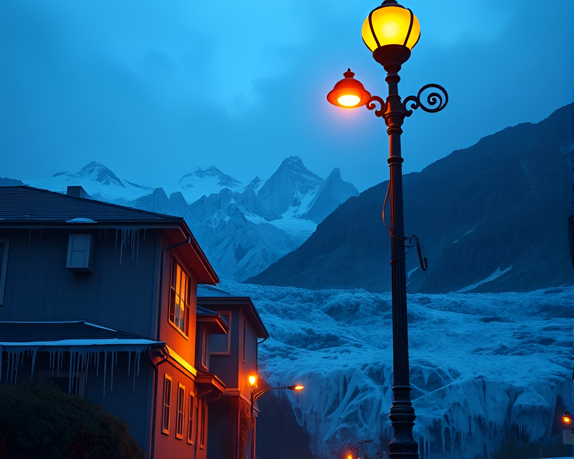Glacial Streetlamp Illuminated by Architectural Paint Drips – free AI stock image