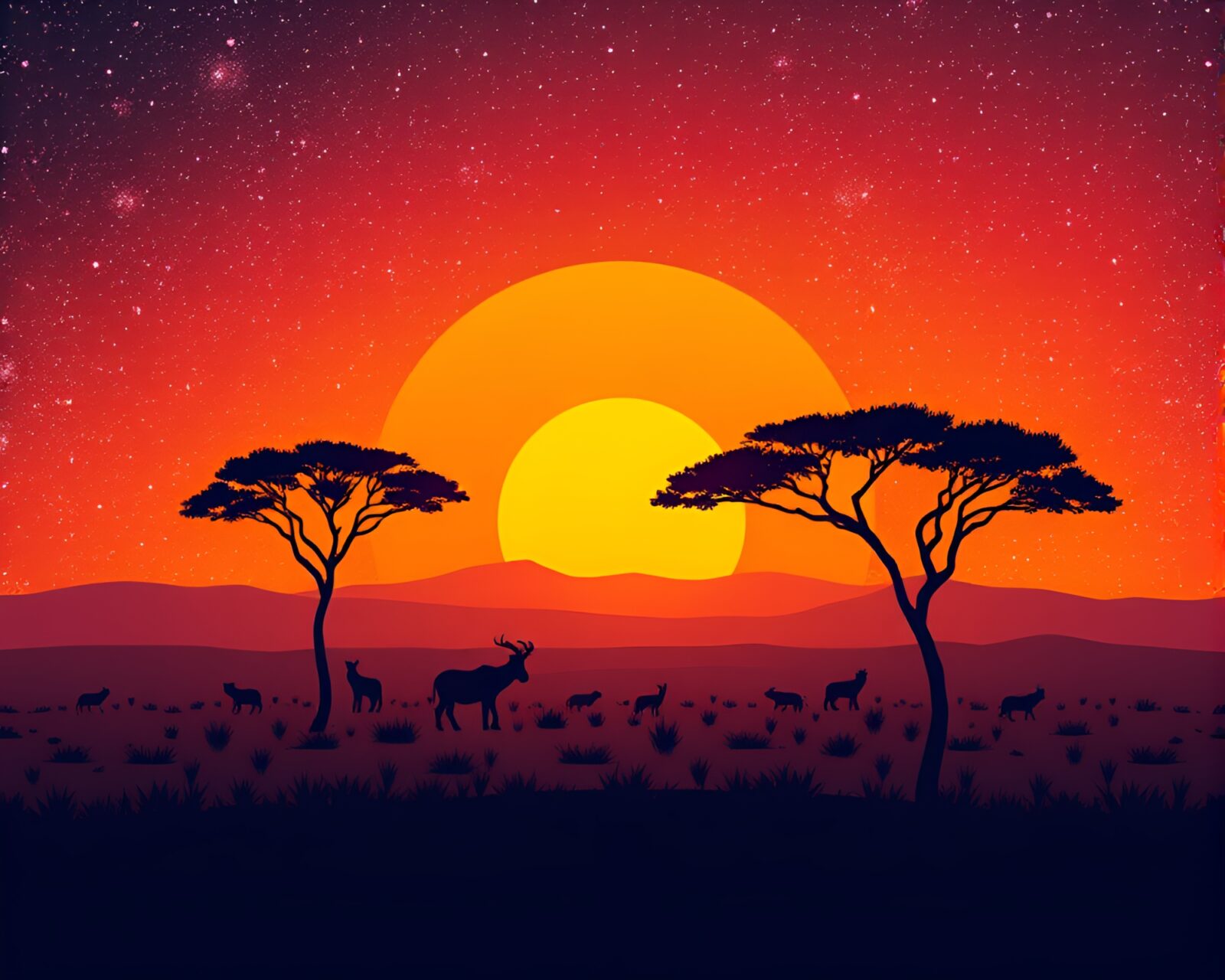 Flat design savanna sunset with galaxy-inspired hues