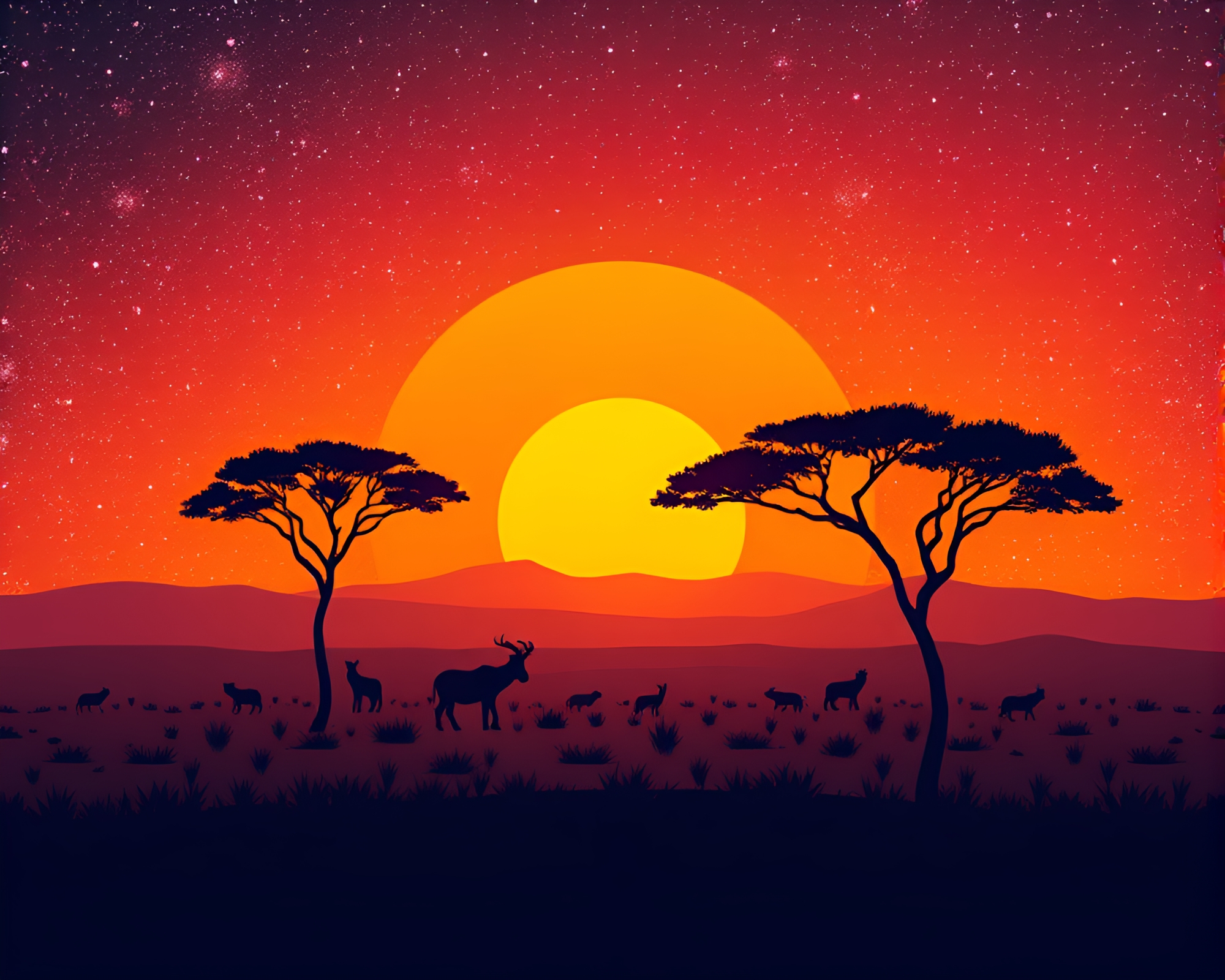 Savanna Sunset with Galaxy Colors in Flat Design – free AI stock image