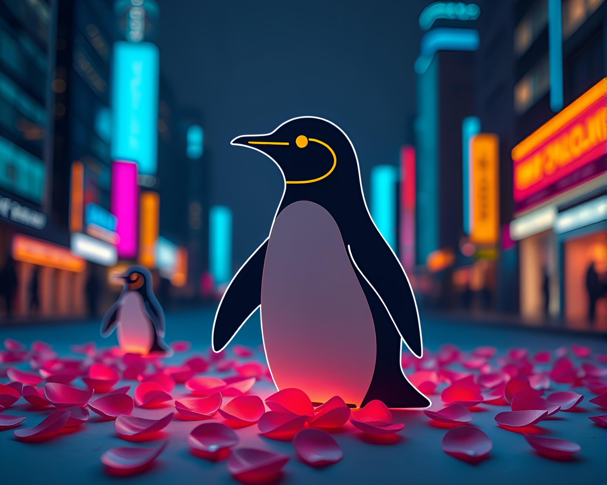 Penguin in Neon City Flower Petals – free AI stock image
