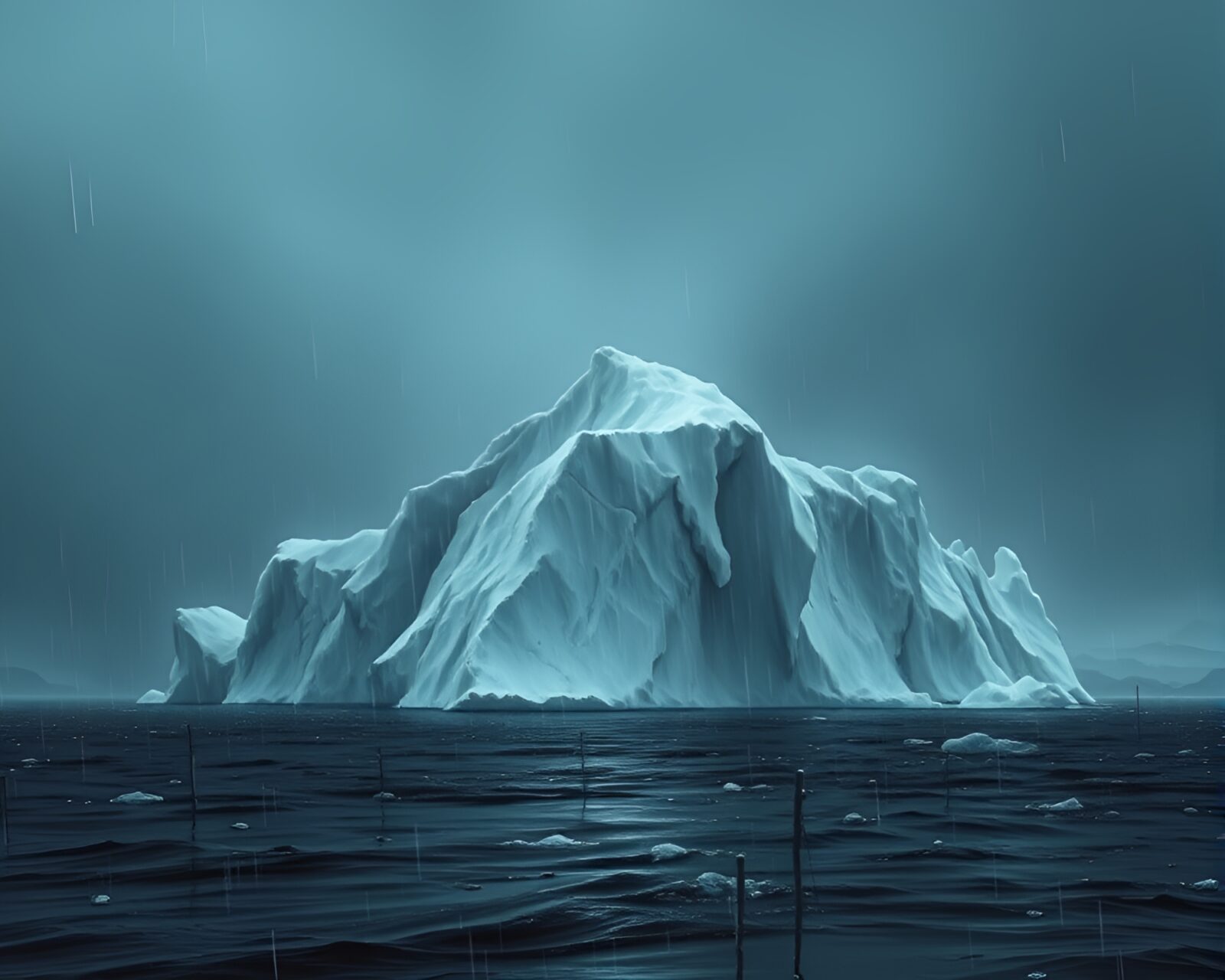 Gloomy Arctic iceberg scene with rain droplets in digital art