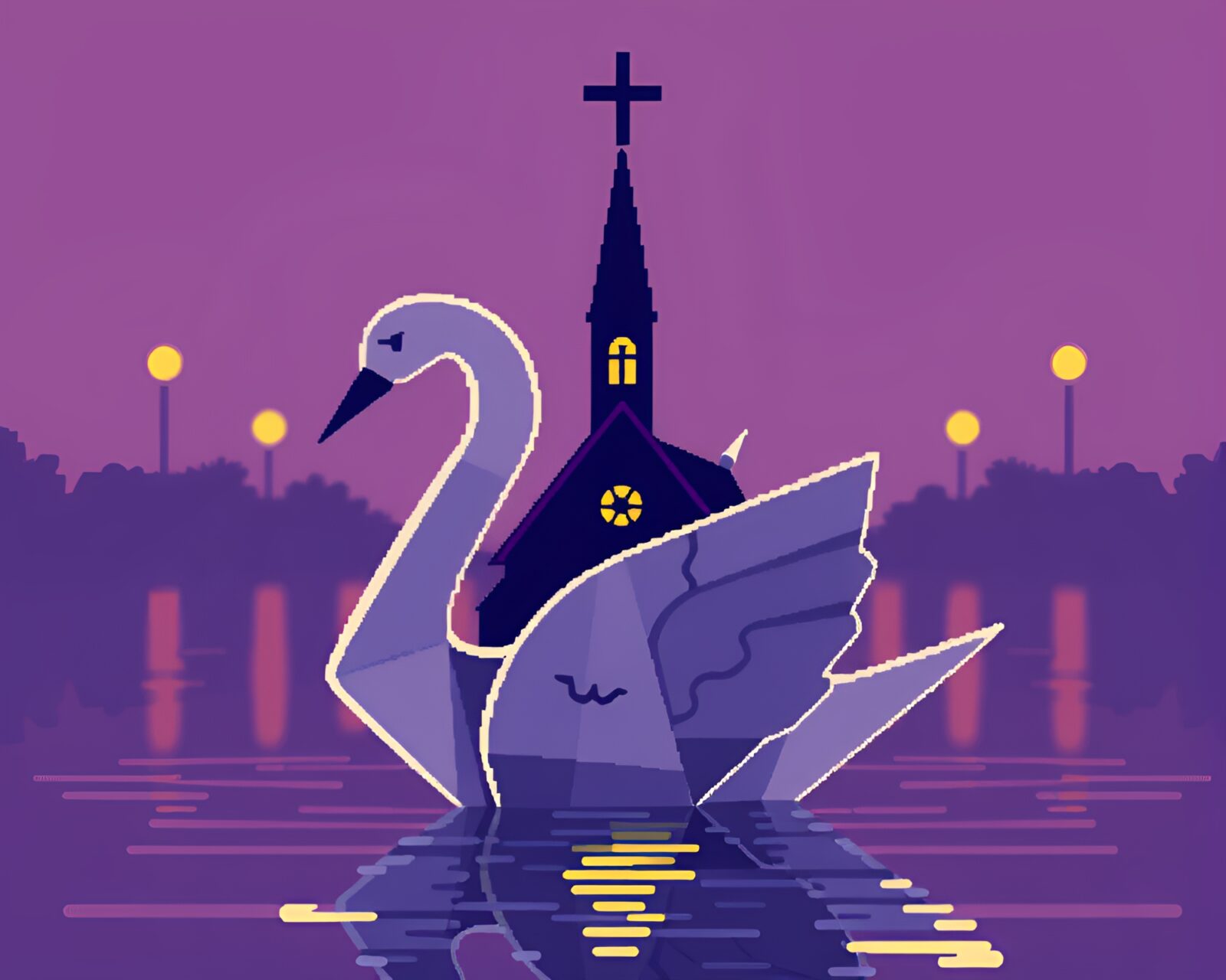 High-quality image of pixelated swan with origami folds in church candlelight and halftone style