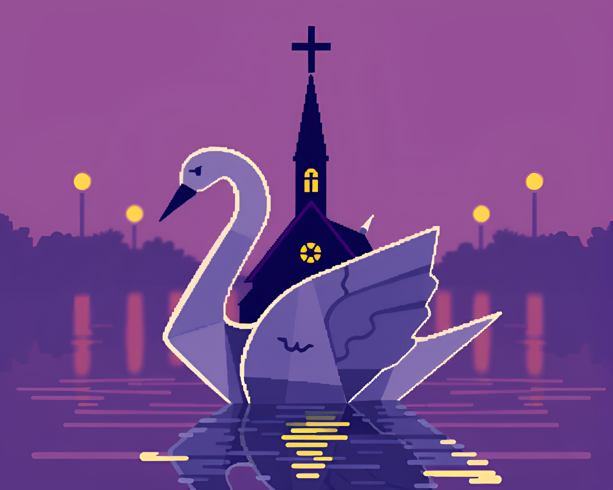 Pixelated Origami Swan in Candlelit Church Halftone – free AI stock image