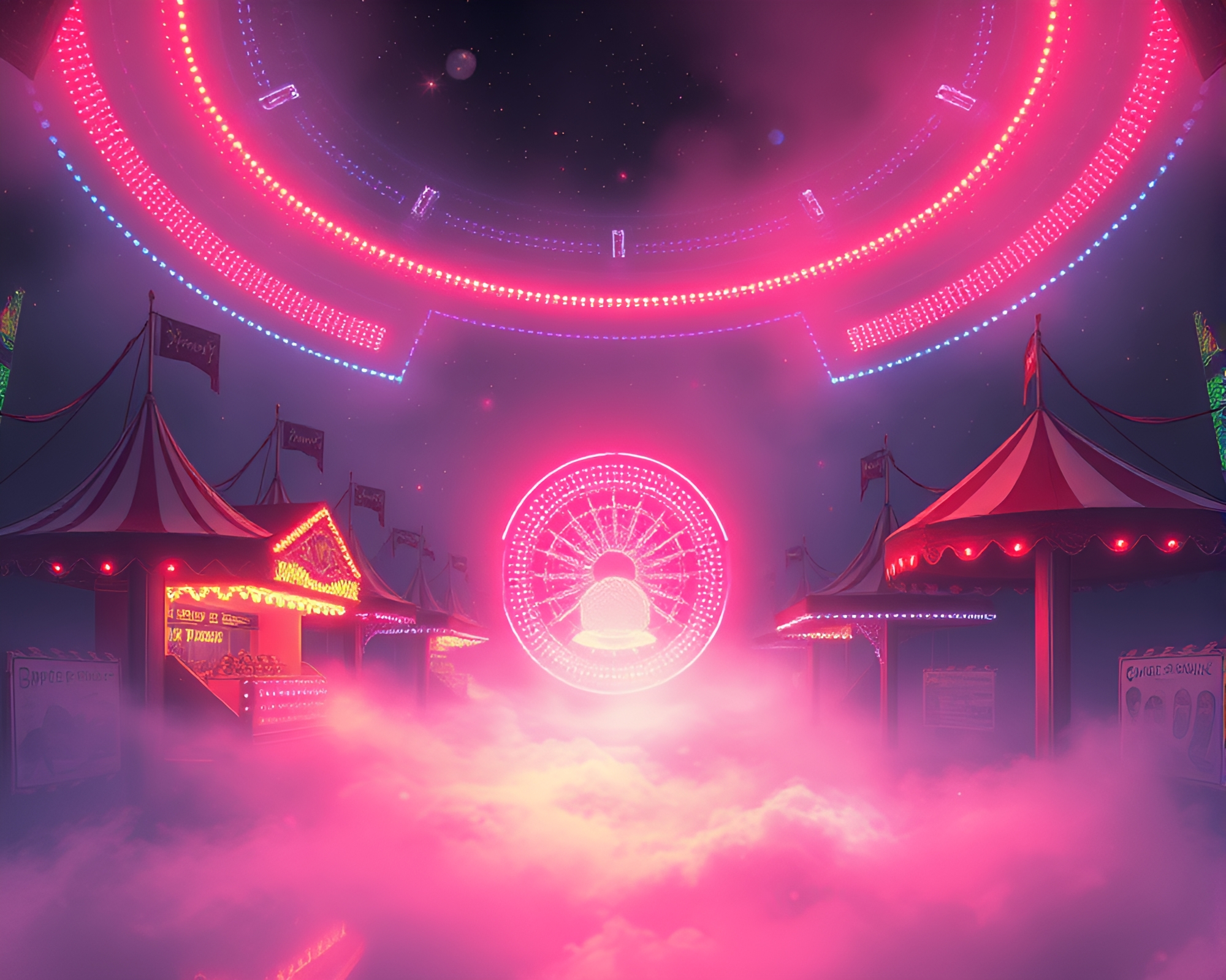 Futuristic Wormhole Generator amidst Carnival Lights and Fog Banks – free AI stock image