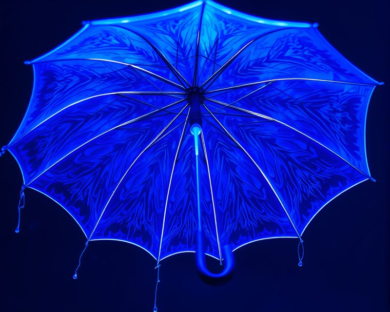 Glowing Umbrella Illuminated in Cobalt Hue Amidst Shredded Paper – free AI stock image