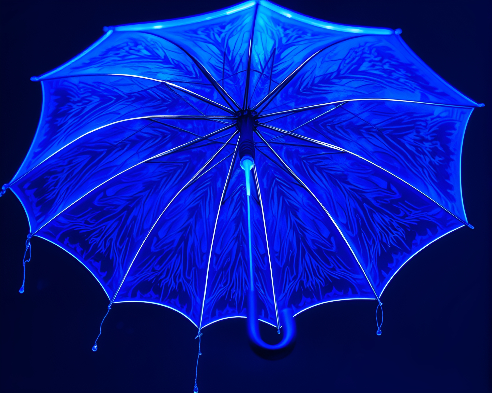 Glowing Umbrella Illuminated in Cobalt Hue Amidst Shredded Paper – free AI stock image