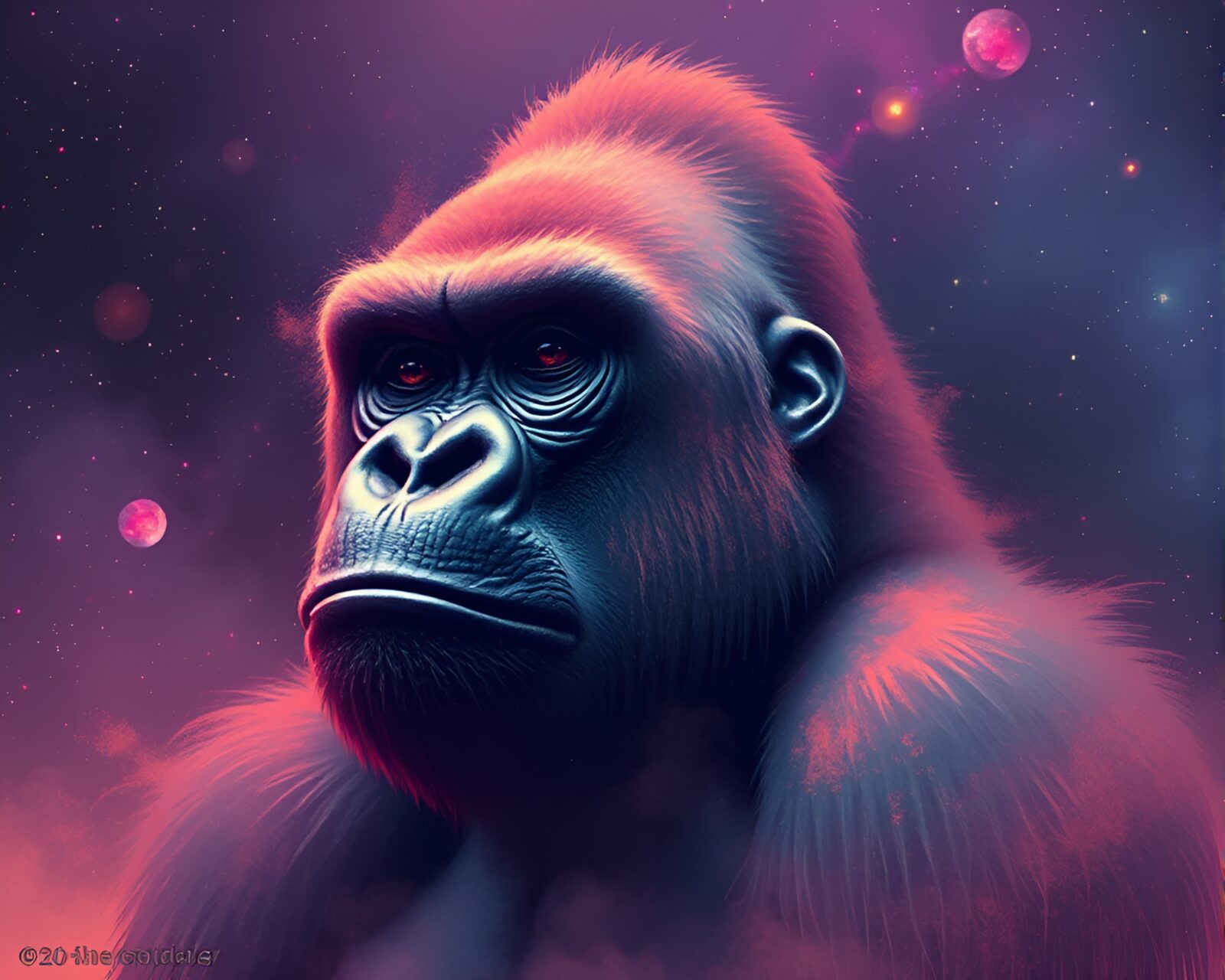 Majestic gorilla surrounded by cosmic dust in pixel art style