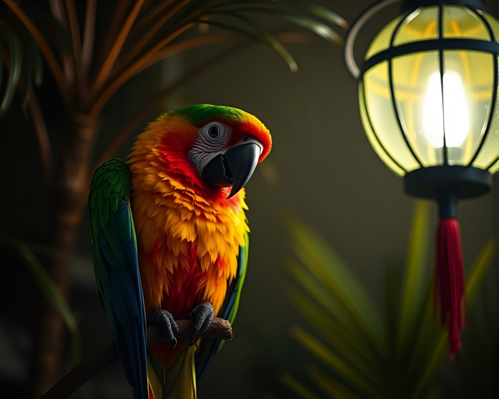 Colorful parrot in tropical setting aglow with lantern light