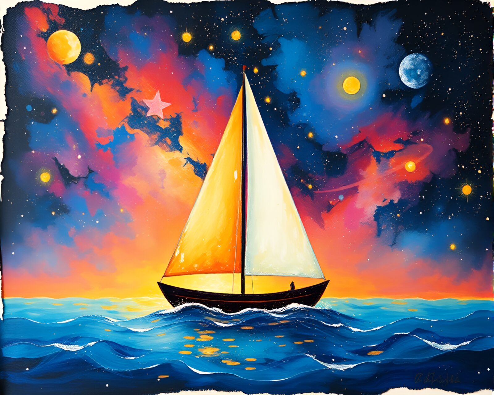 Abstract art of a solar sailboat in galaxy colors