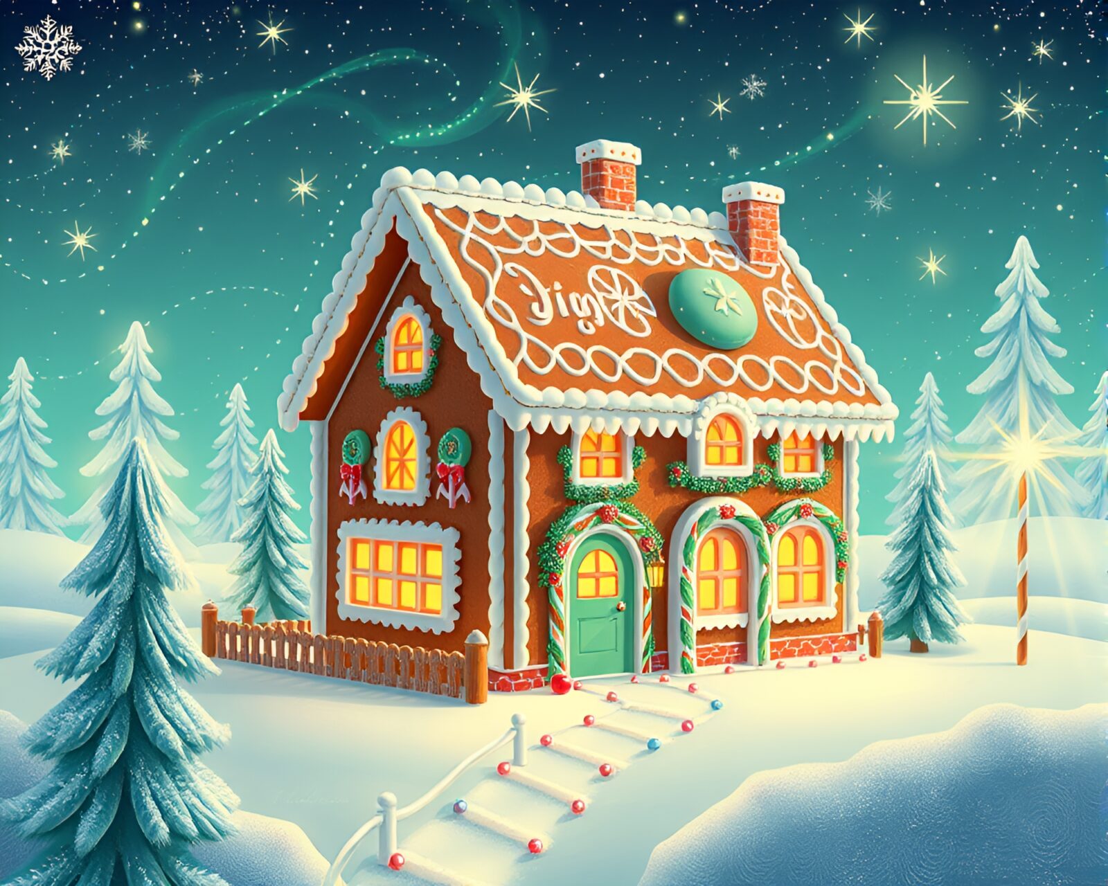 Technical illustration of a mystical gingerbread house at night