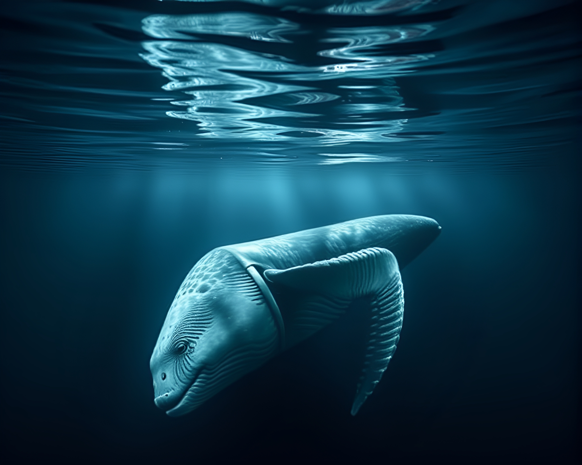 Whale double reflection under theatrical lighting – free AI stock image