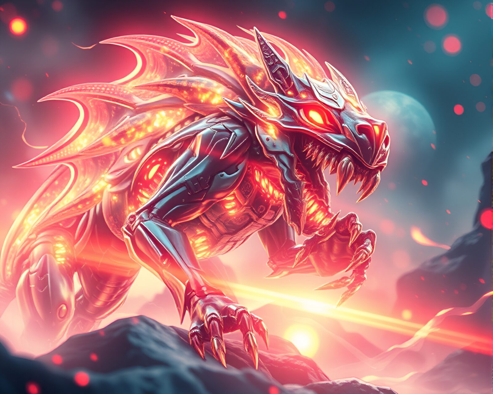 Glowing futuristic Cerberus in intricate detail with light leaks