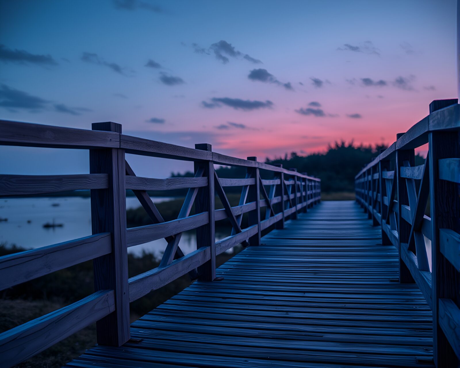 Enchanting wooden bridge under blue hour lighting