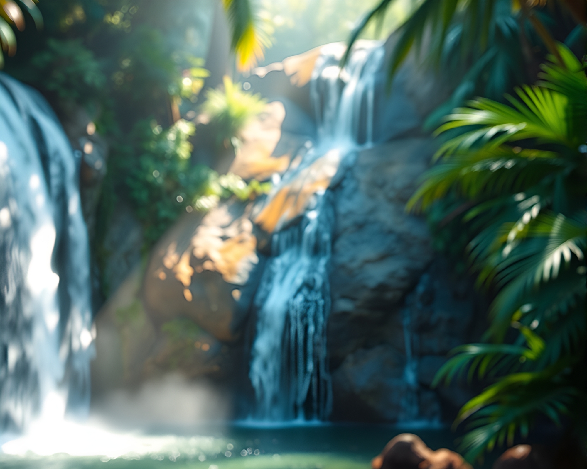 Tropical Waterfall Oasis with Holographic Shadows – free AI stock image