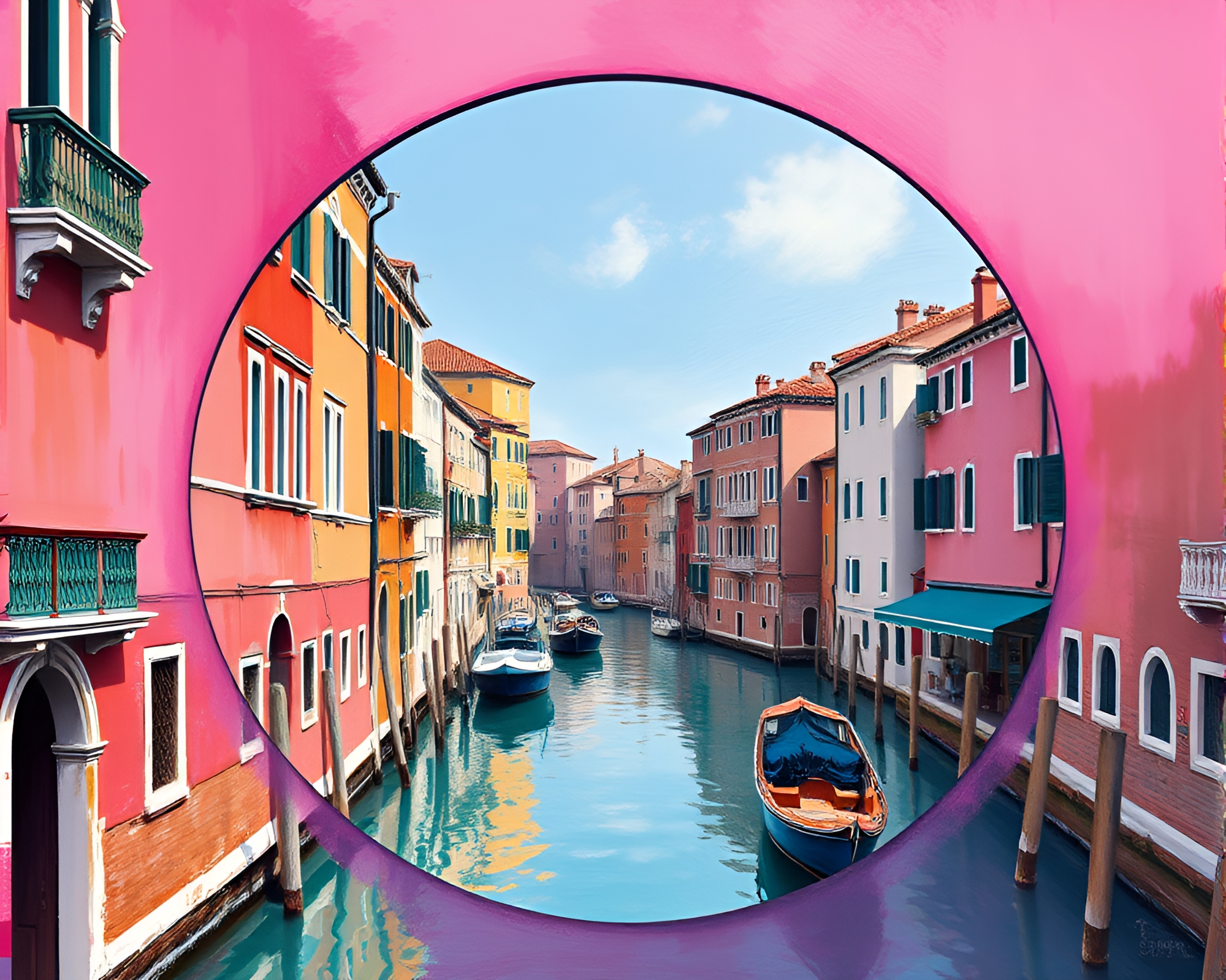 Magenta Venetian Canal Gouache Painting – free AI stock image