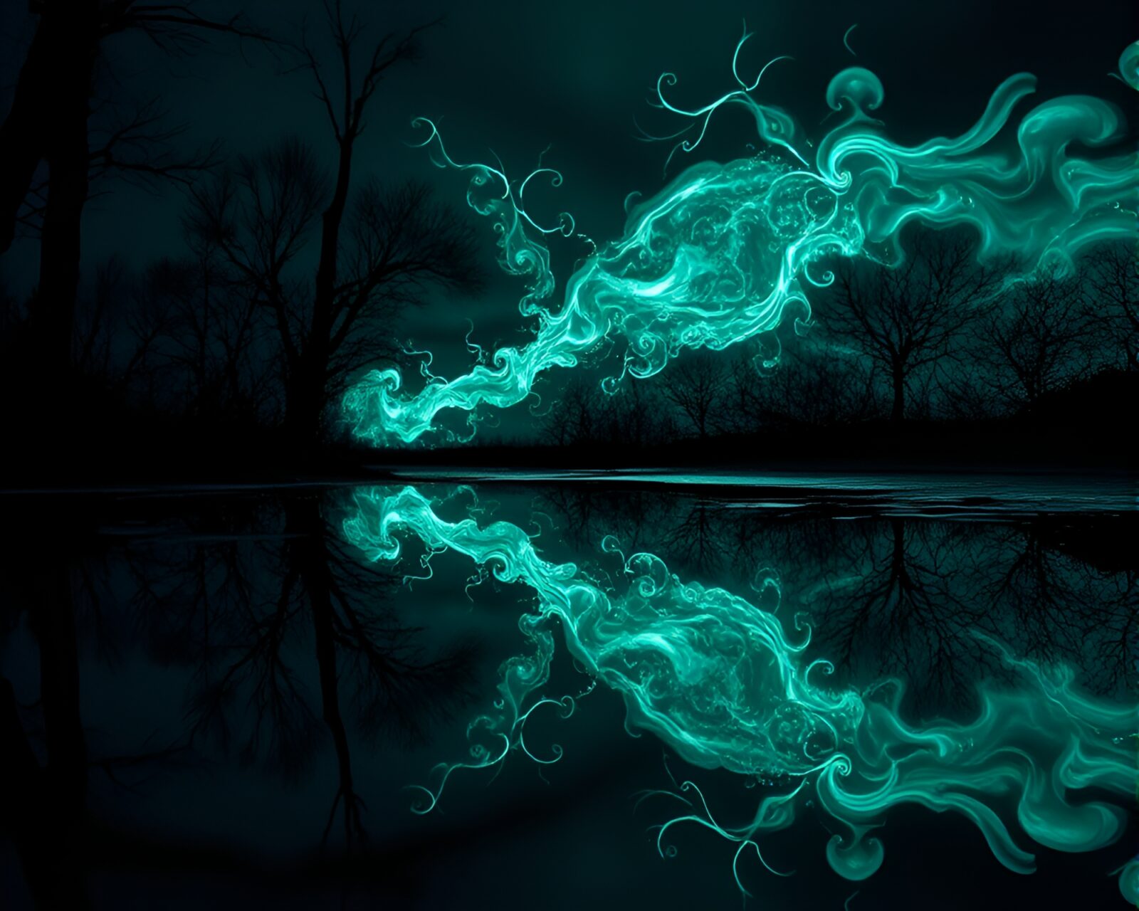 Magical Djinn figure in fractal patterns reflected on puddle