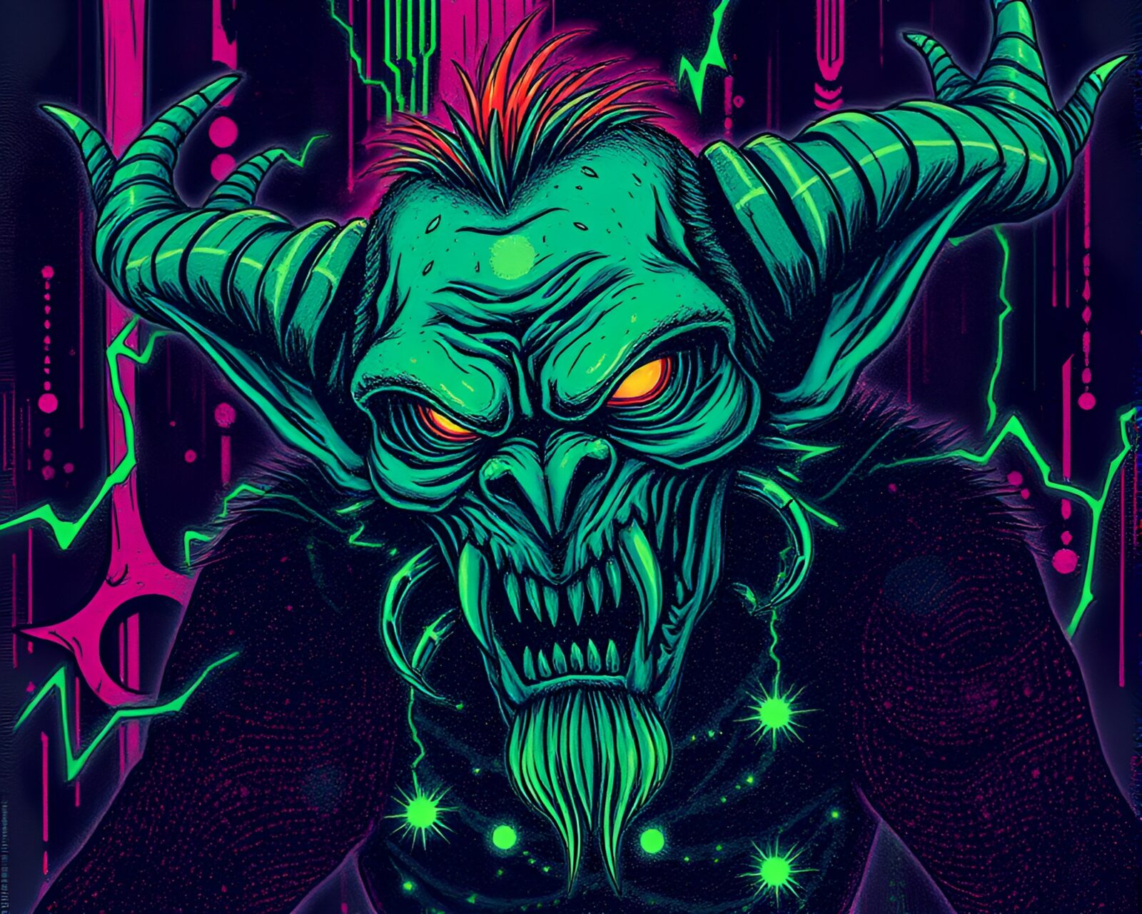 Dark fantasy image of a cybernetic troll surrounded by dots