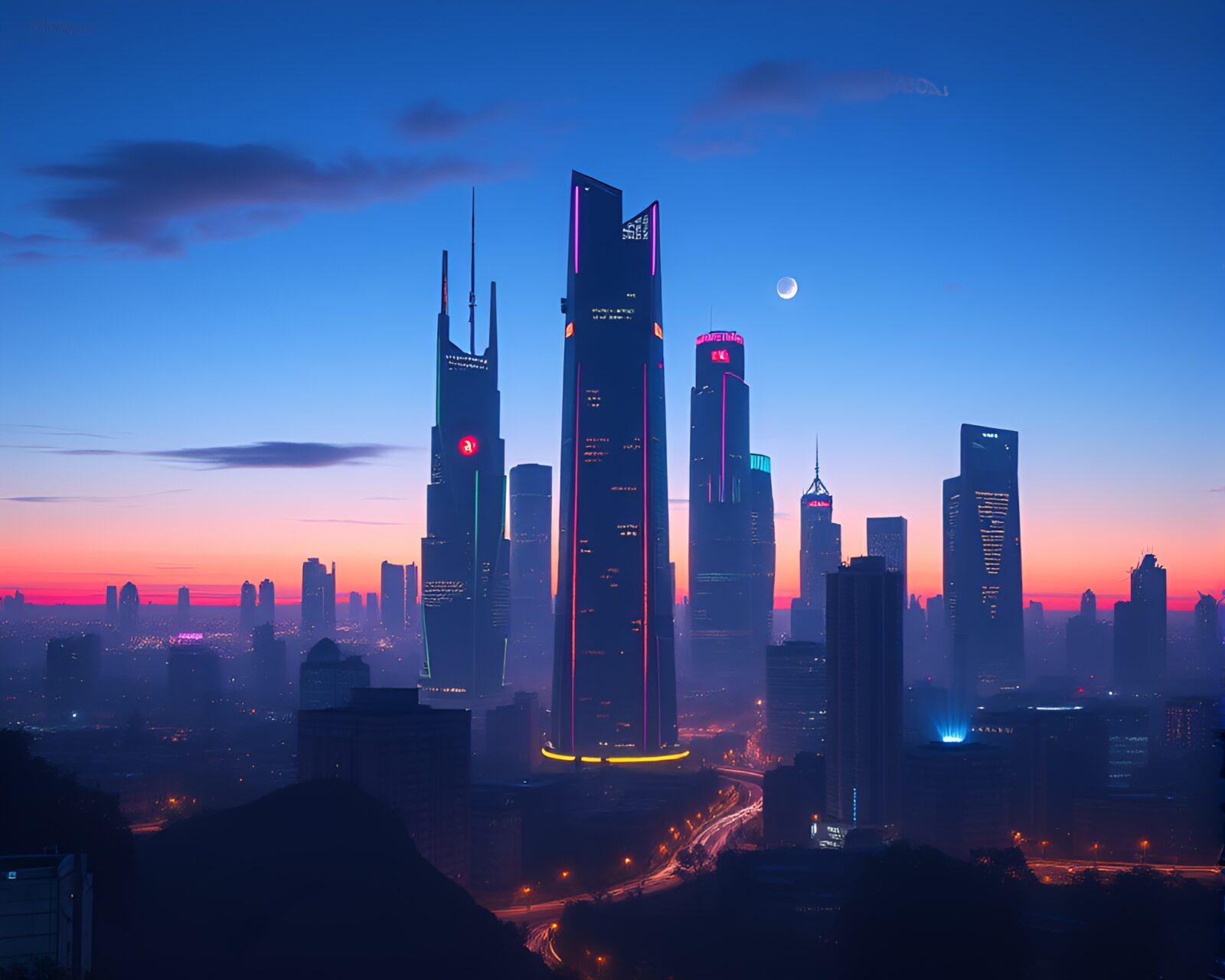 Aerial view of a futuristic city with vibrant blue twilight lighting