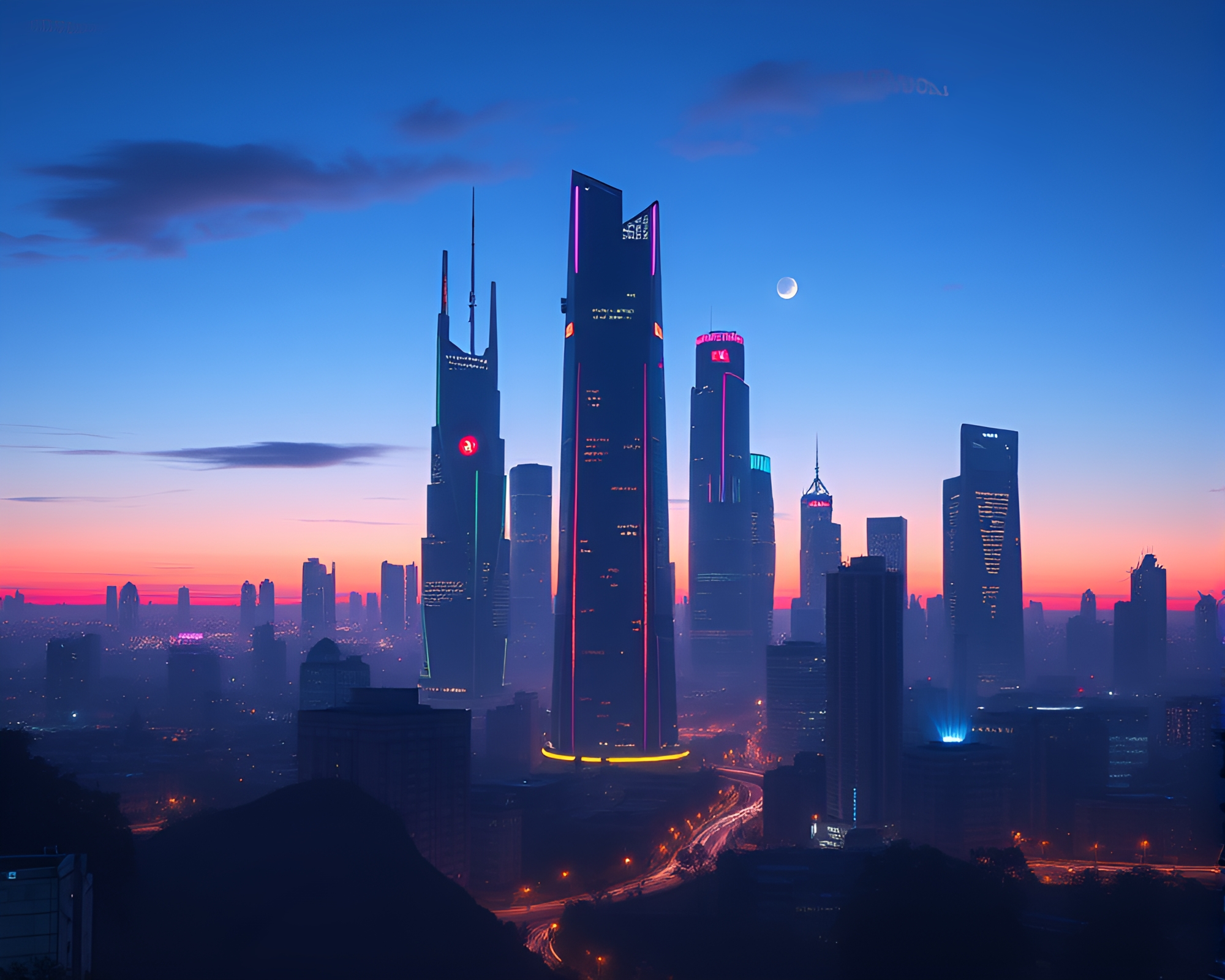 Futuristic divided cityscape in twilight blue hues – free AI stock image