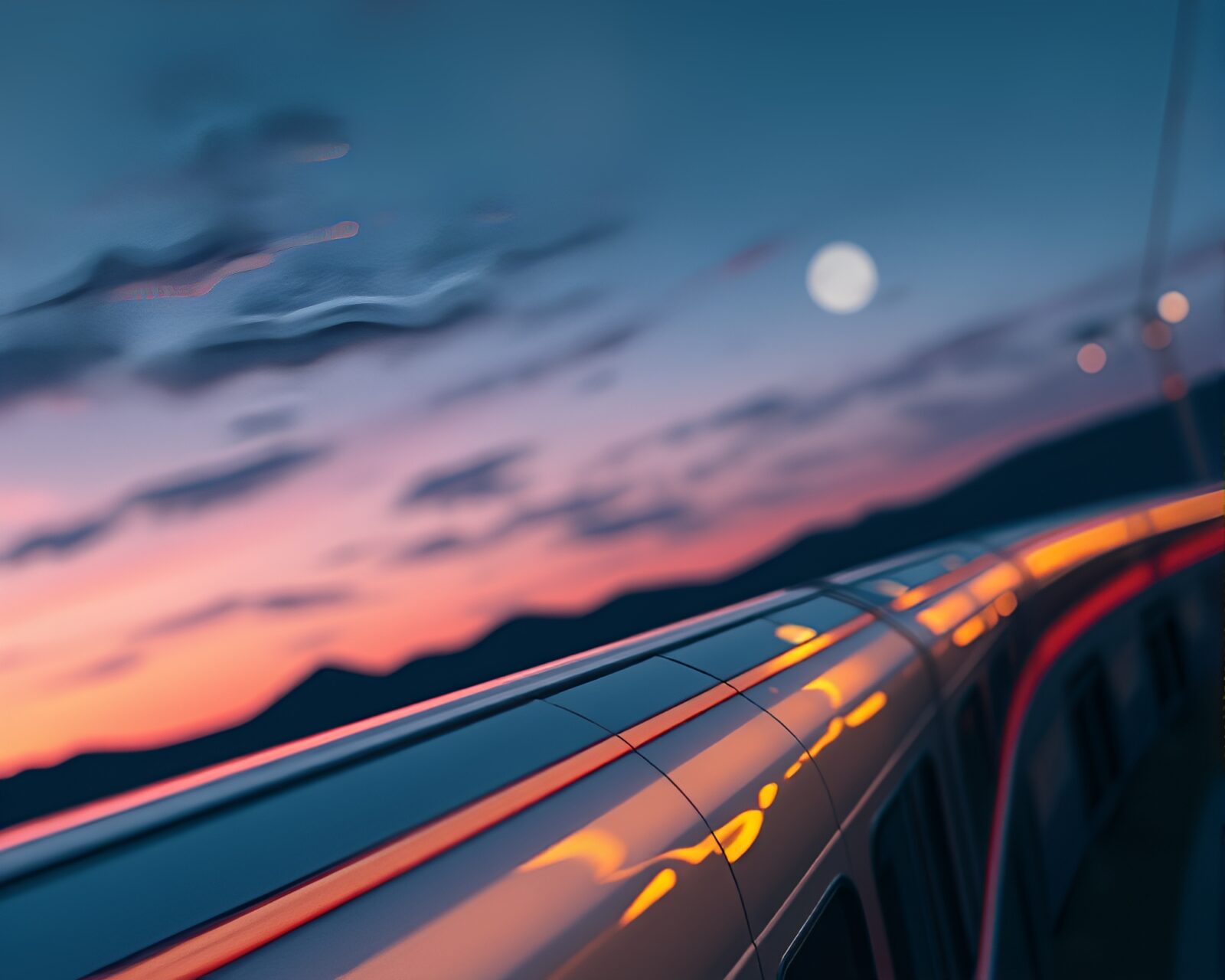 Extreme close-up of monorail at dusk in vector style