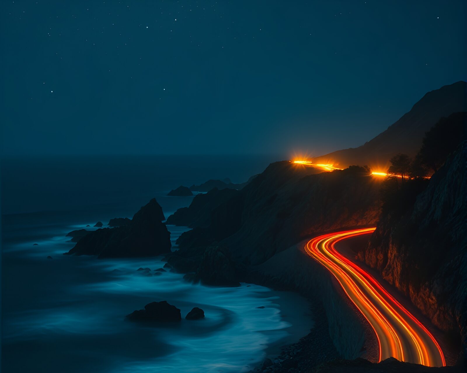 Manga style artwork of glowing car lights on rocky shore