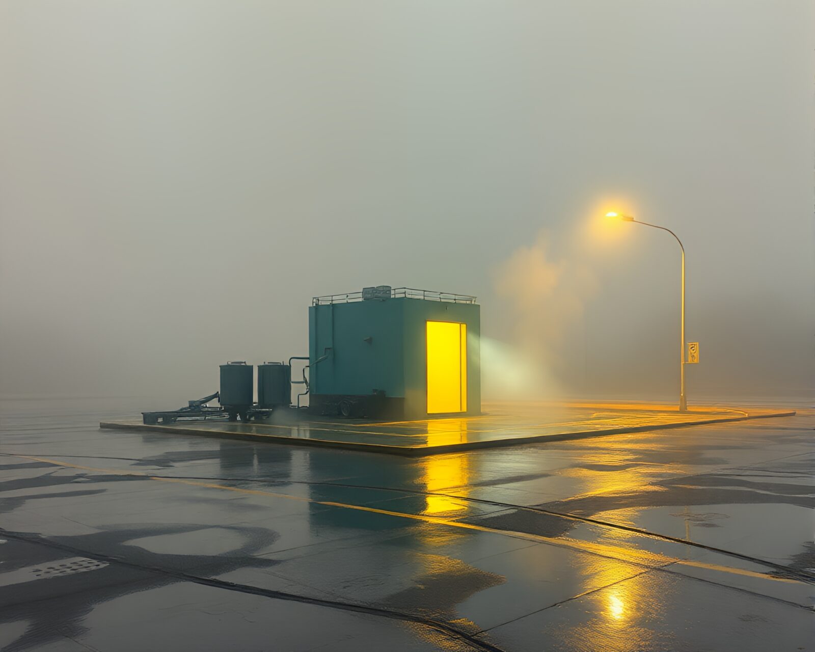 Colorful science fiction scene with a glowing reactor on wet ground