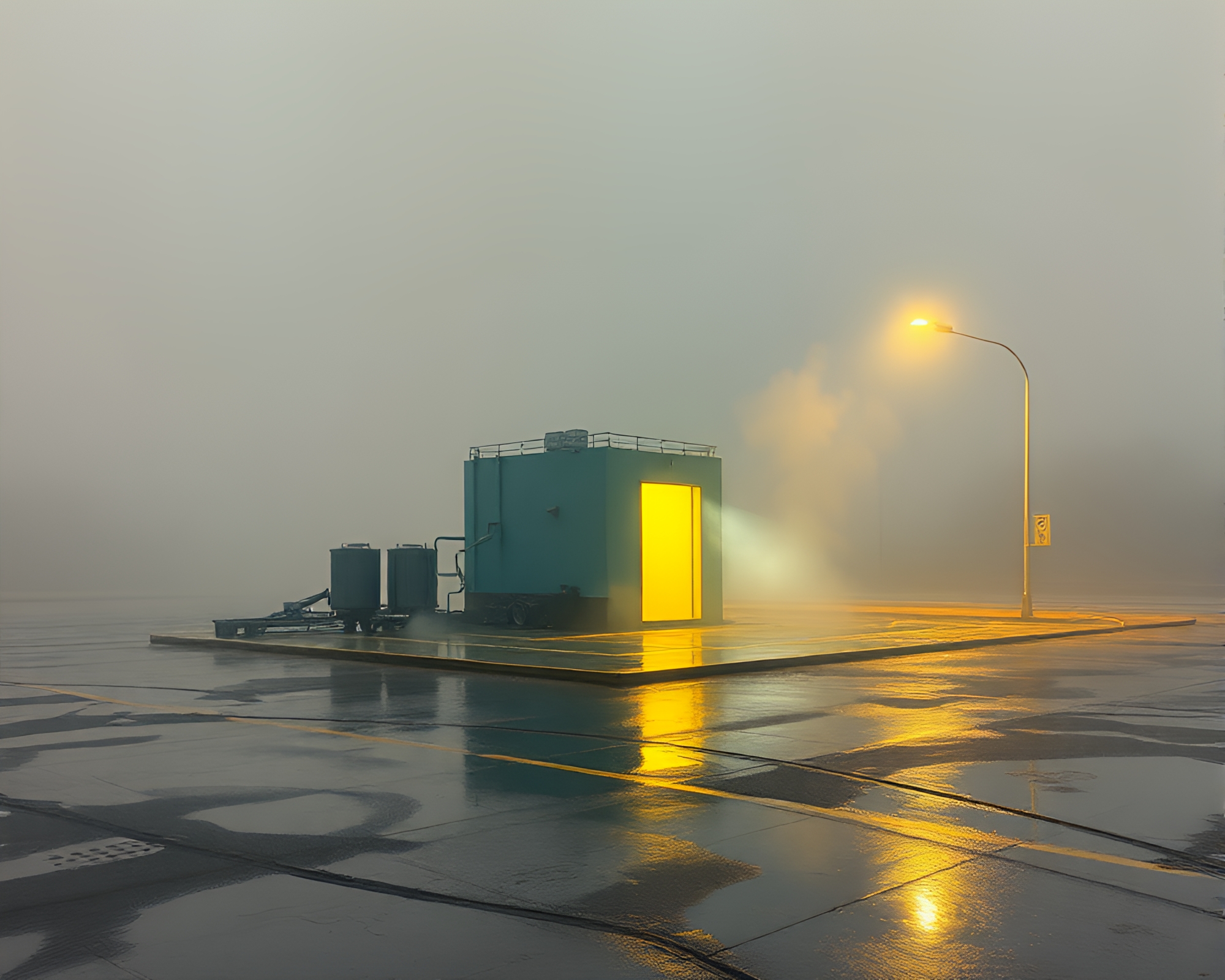 Glowing Zero-point Energy Reactor on Muted Pastels Wet Pavement – free AI stock image