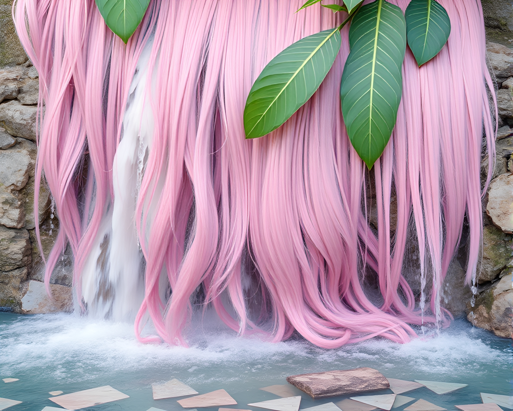 Tropical Waterfall amidst Blush Pink Mosaic Fragments – free AI stock image