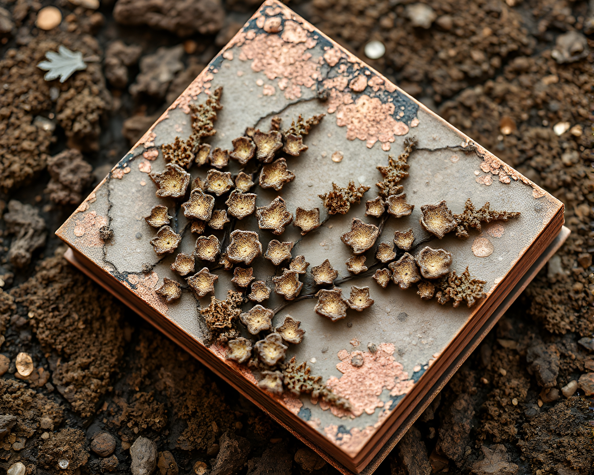 Enchanted Book with Lichen Texture Photocollage – free AI stock image