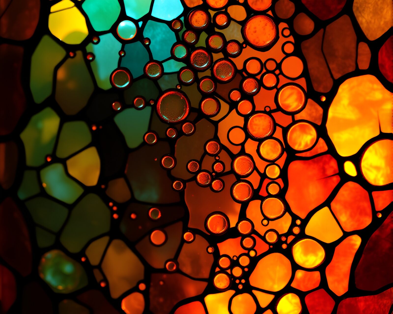 Stained glass bubbles floating in oasis with fireplace light