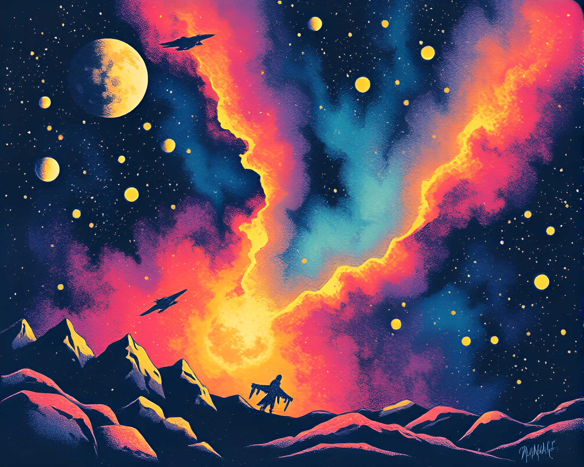 Stippled space habitat in aurora hues – free AI stock image