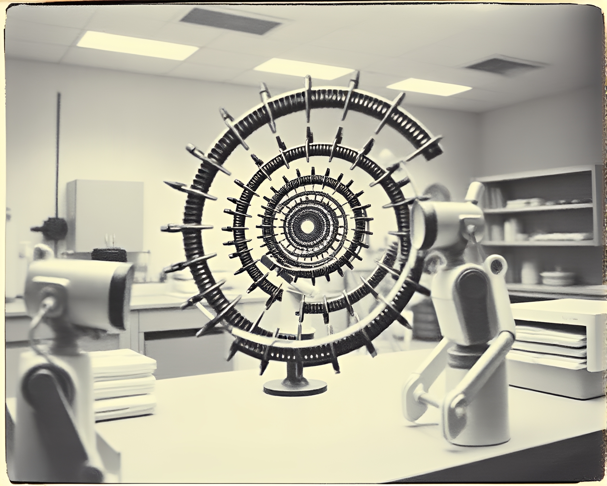 Retro Robotic Laboratory in Selective Color Spiral Display – free AI stock image