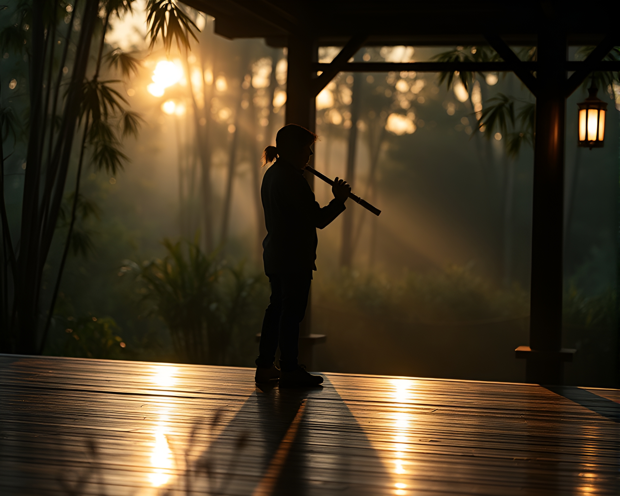 Bamboo Flute Player in Porchlight Silhouette – free AI stock image