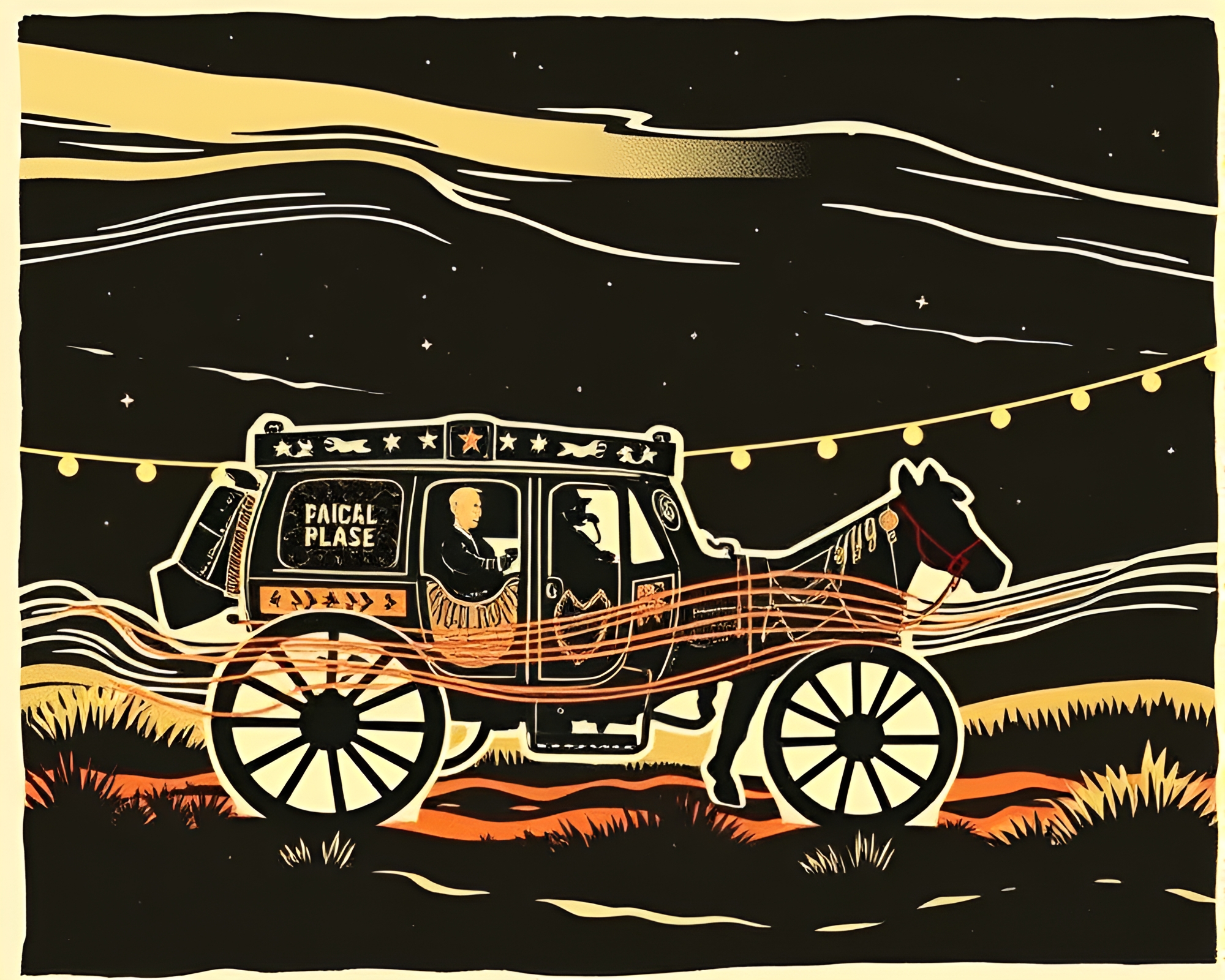 Rustic Stagecoach Woodcut Print Collage Artwork – free AI stock image