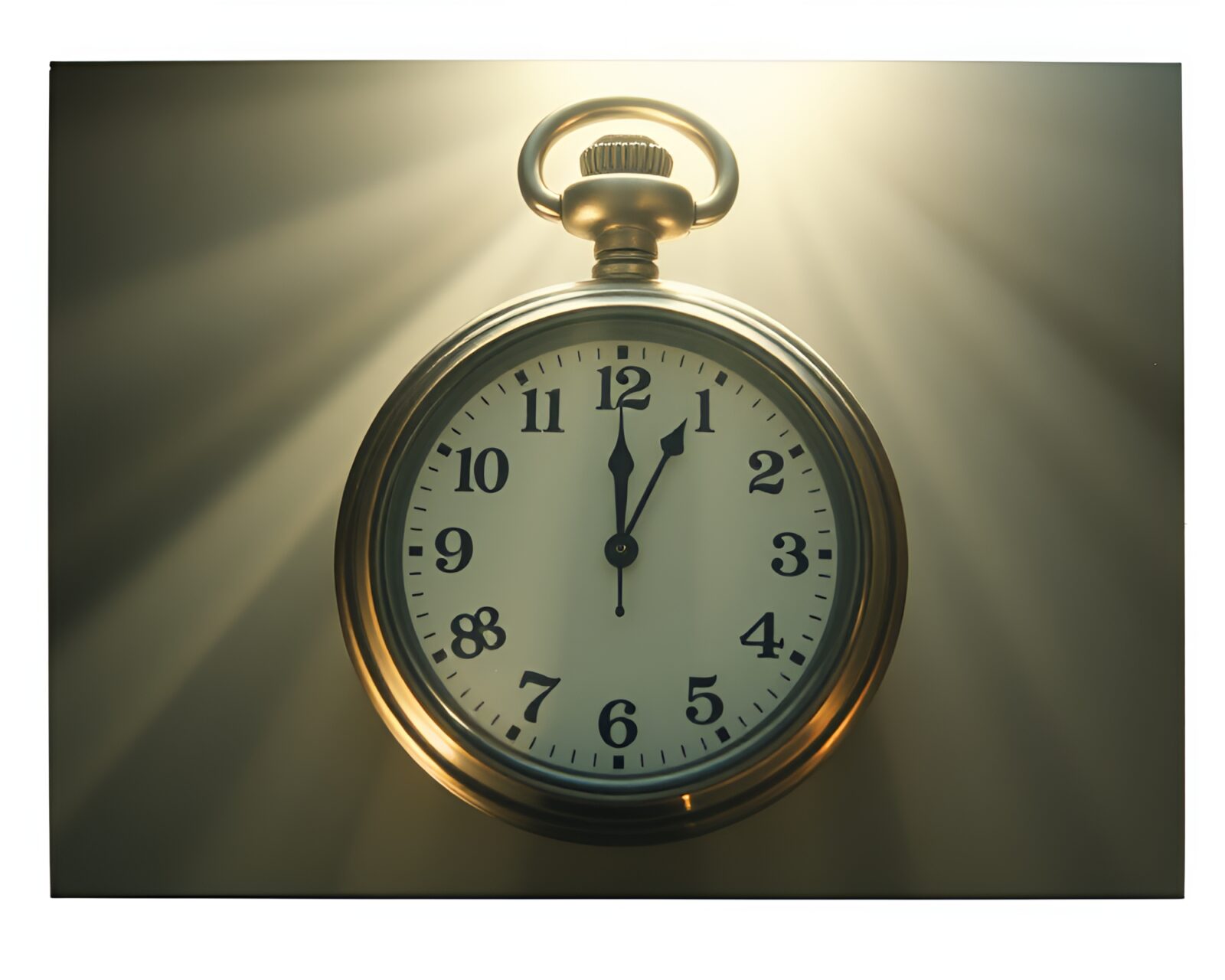 Antique pocket watch bathed in golden sunrays on table
