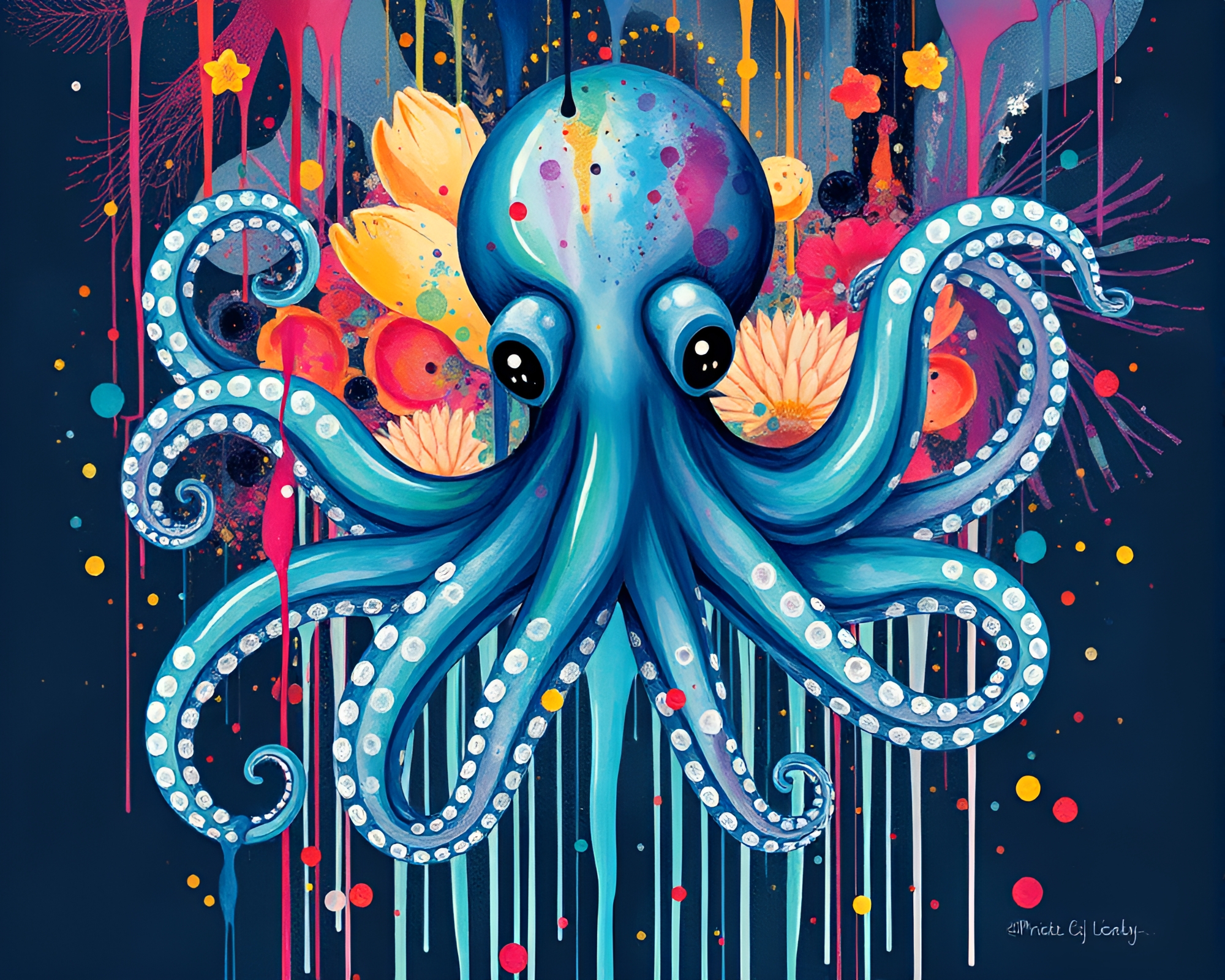 Neon Octopus Botanical Explosion – free AI stock image