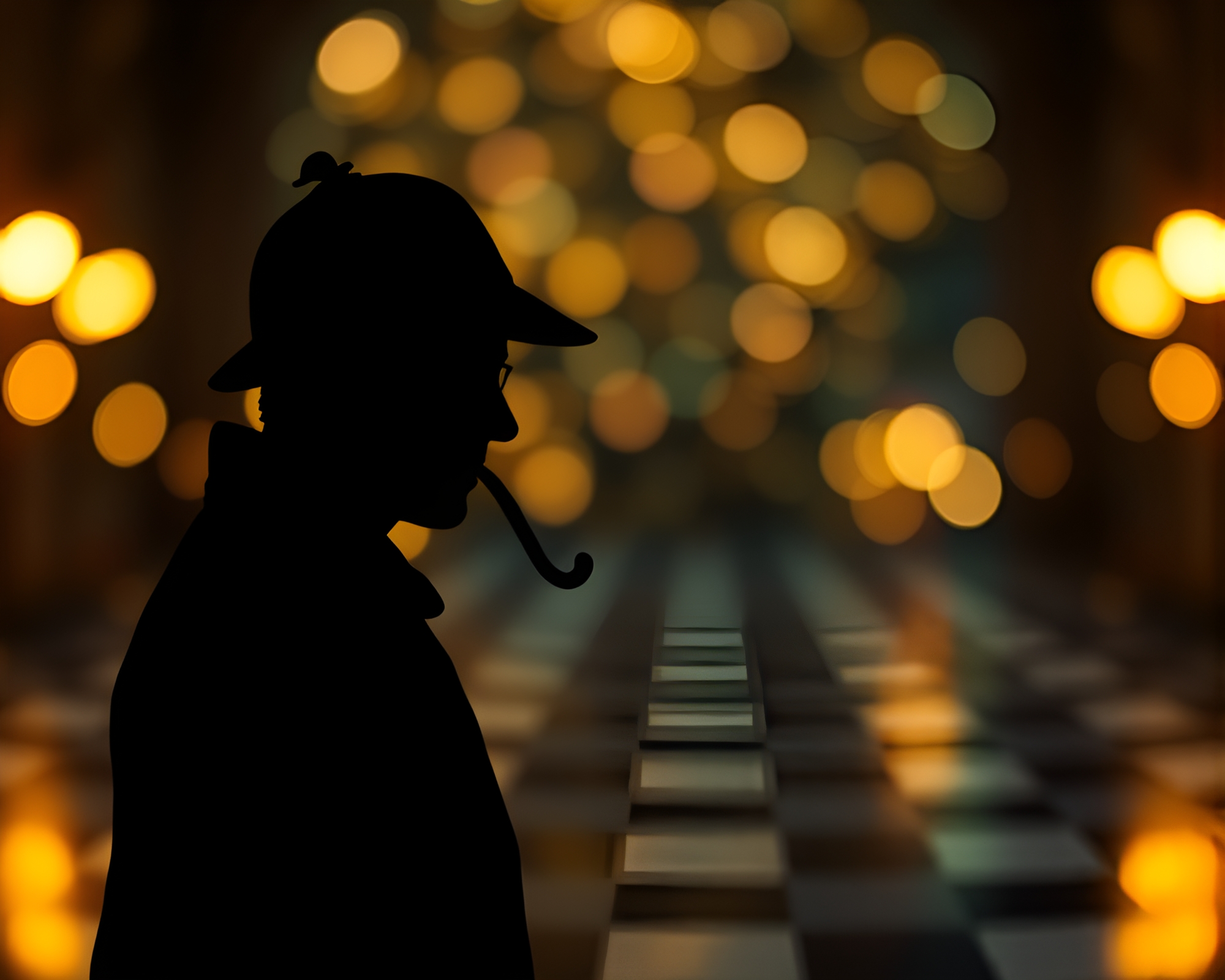 Sherlock Holmes Silhouette in Fractal Checkered Bokeh – free AI stock image