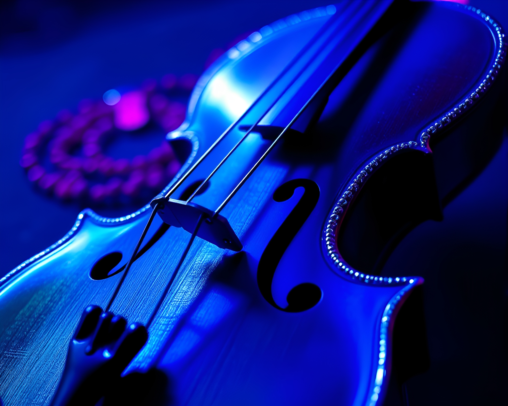 Violin with beadwork accents under ultraviolet light – free AI stock image