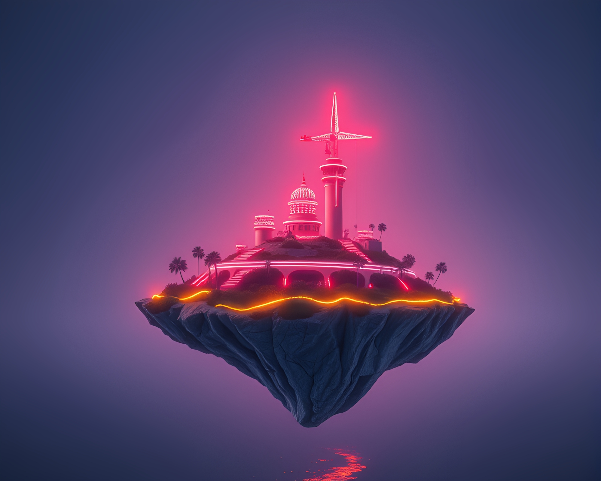 Neon Glow on Floating Island Backscatter Flare – free AI stock image