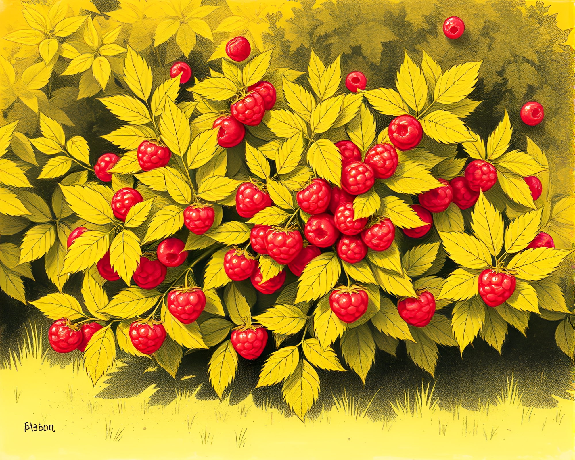 Gilded Raspberry Bush in Monochrome Yellow Children’s Book Style – free AI stock image