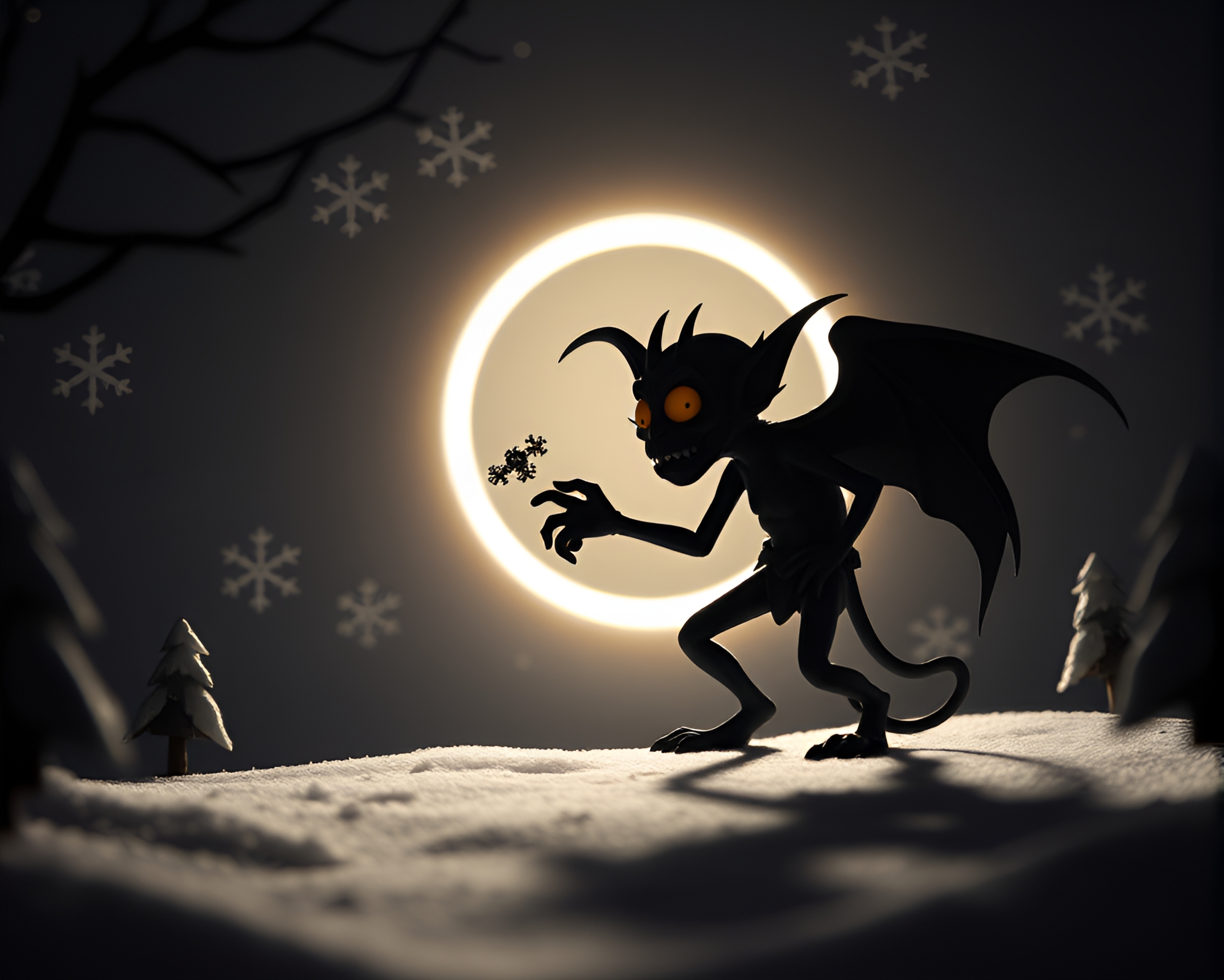 Goblin in Eclipse Shadow amidst Frozen Snowflakes – free AI stock image