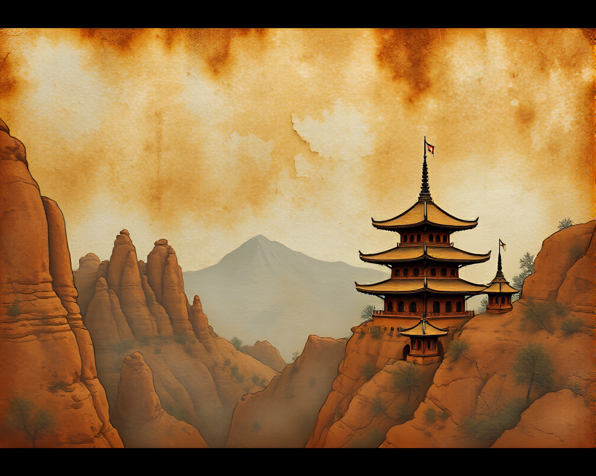 Ethereal Pagoda with Silver Leaf Accents – free AI stock image