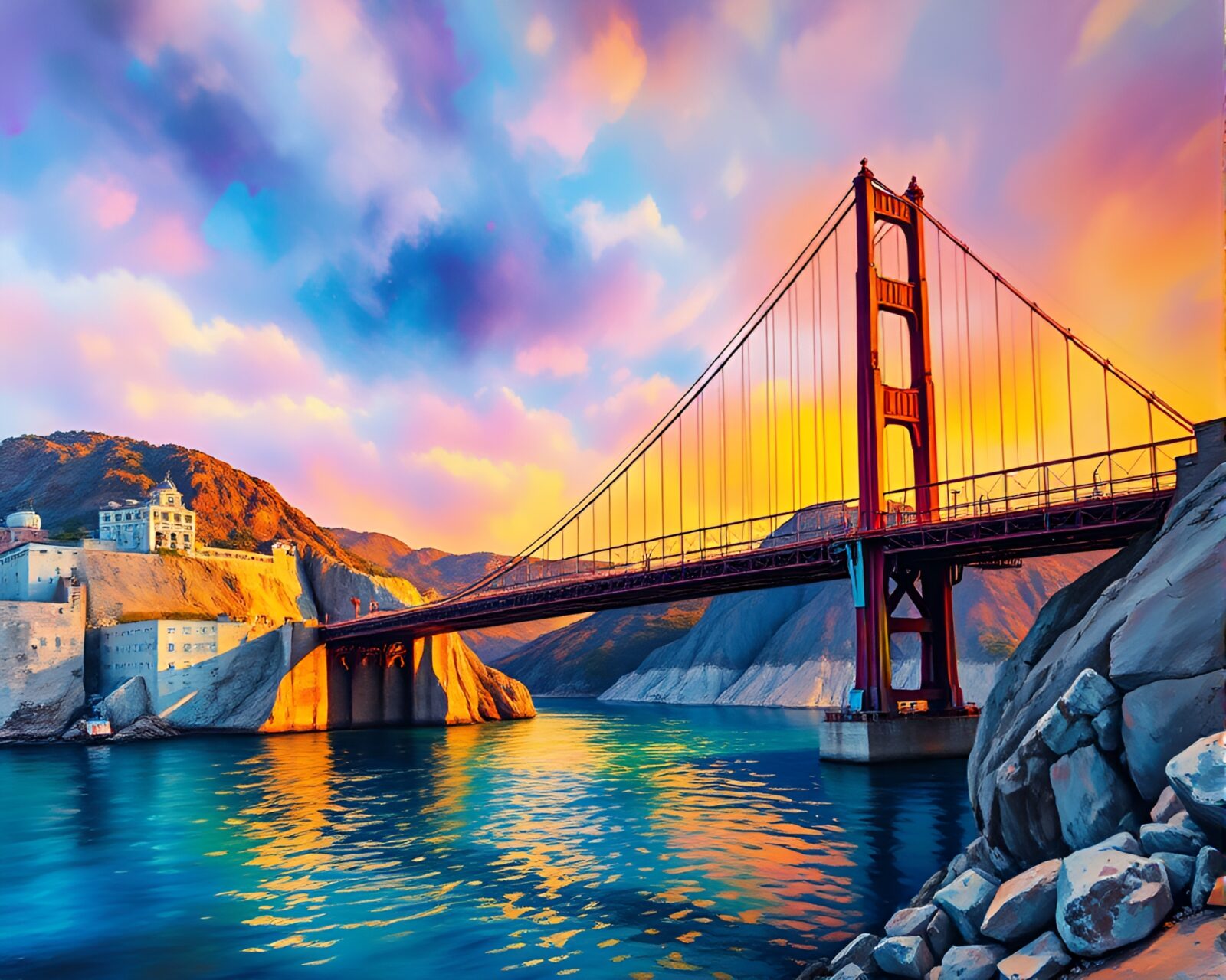 Vibrant mural painting of a suspension bridge at twilight