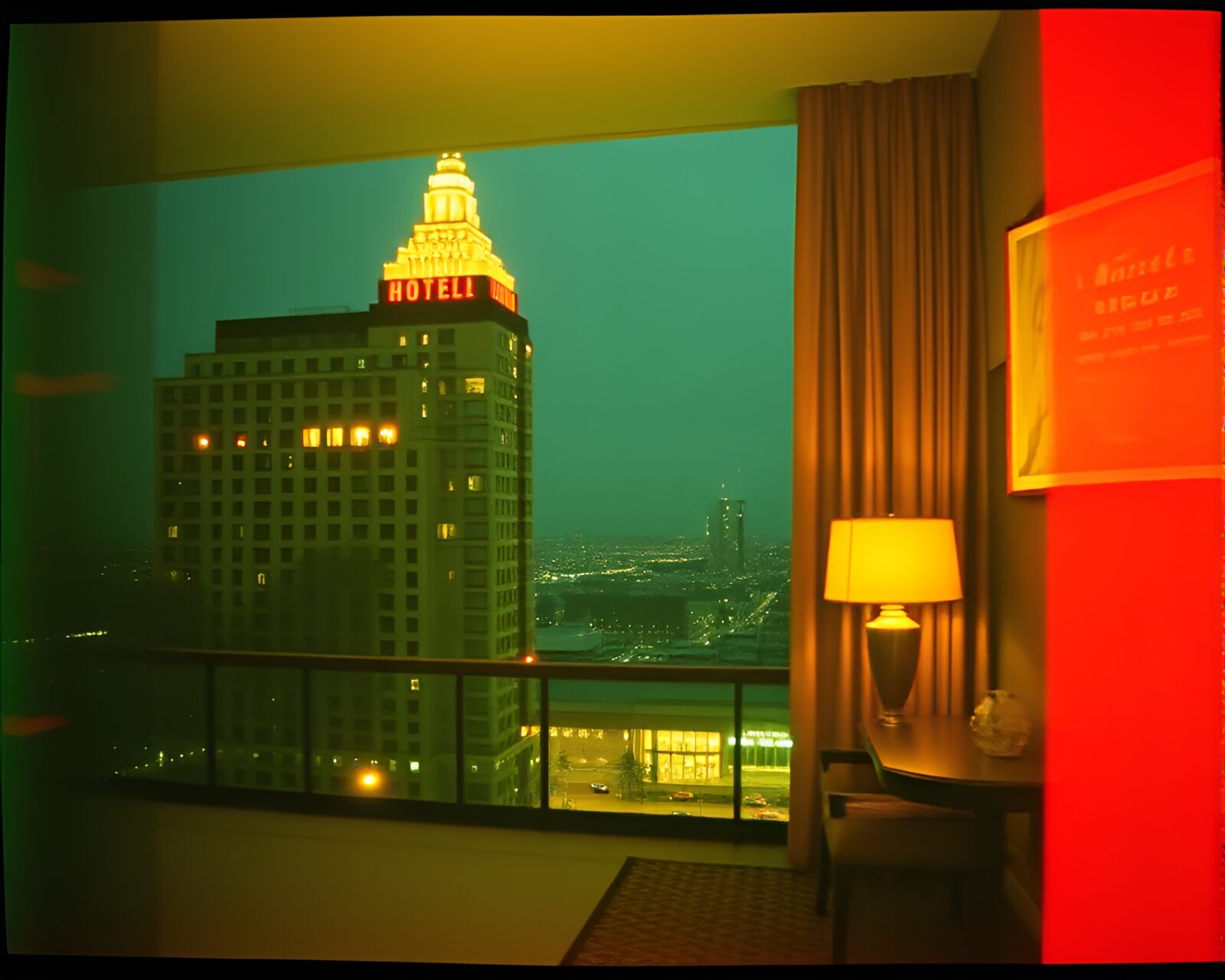 Abstract collage of Art Deco hotel in grainy film style