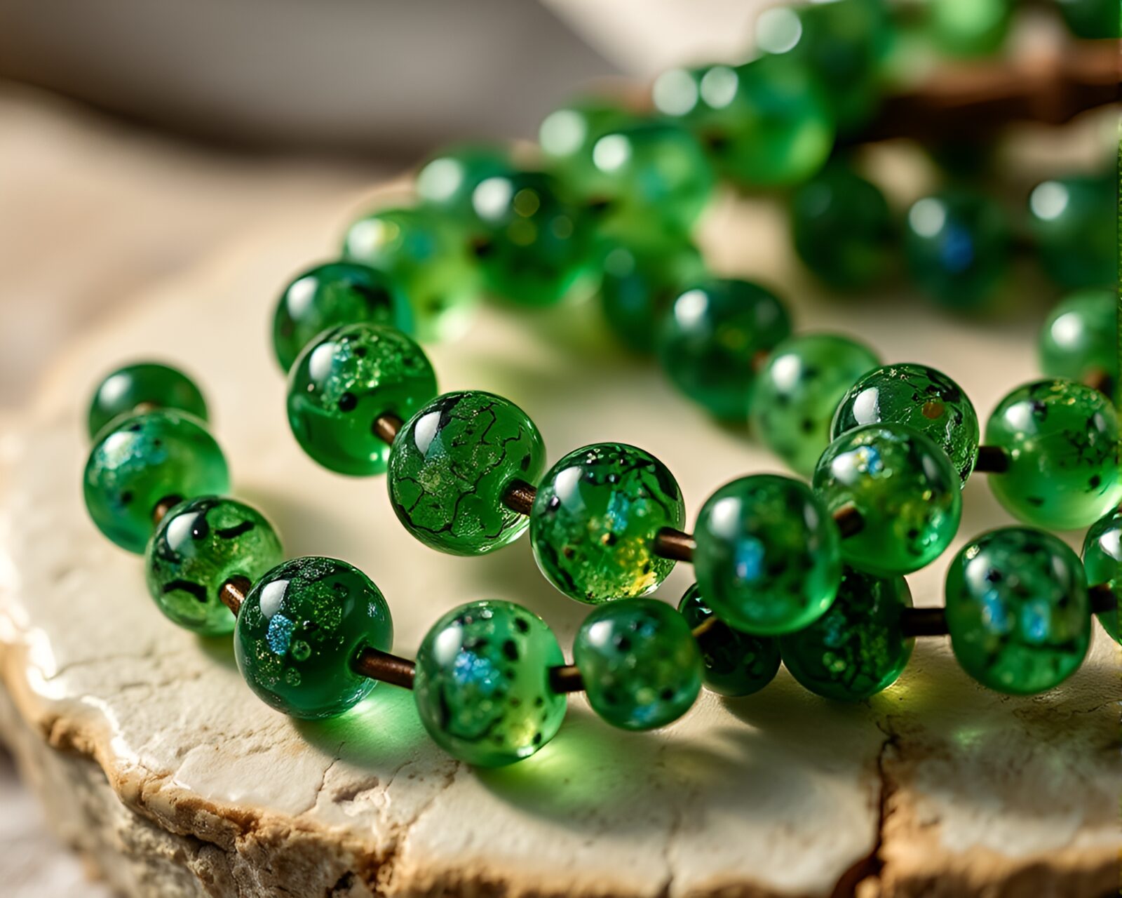Wet glass beads reflecting celestial nebula in enchanted forest