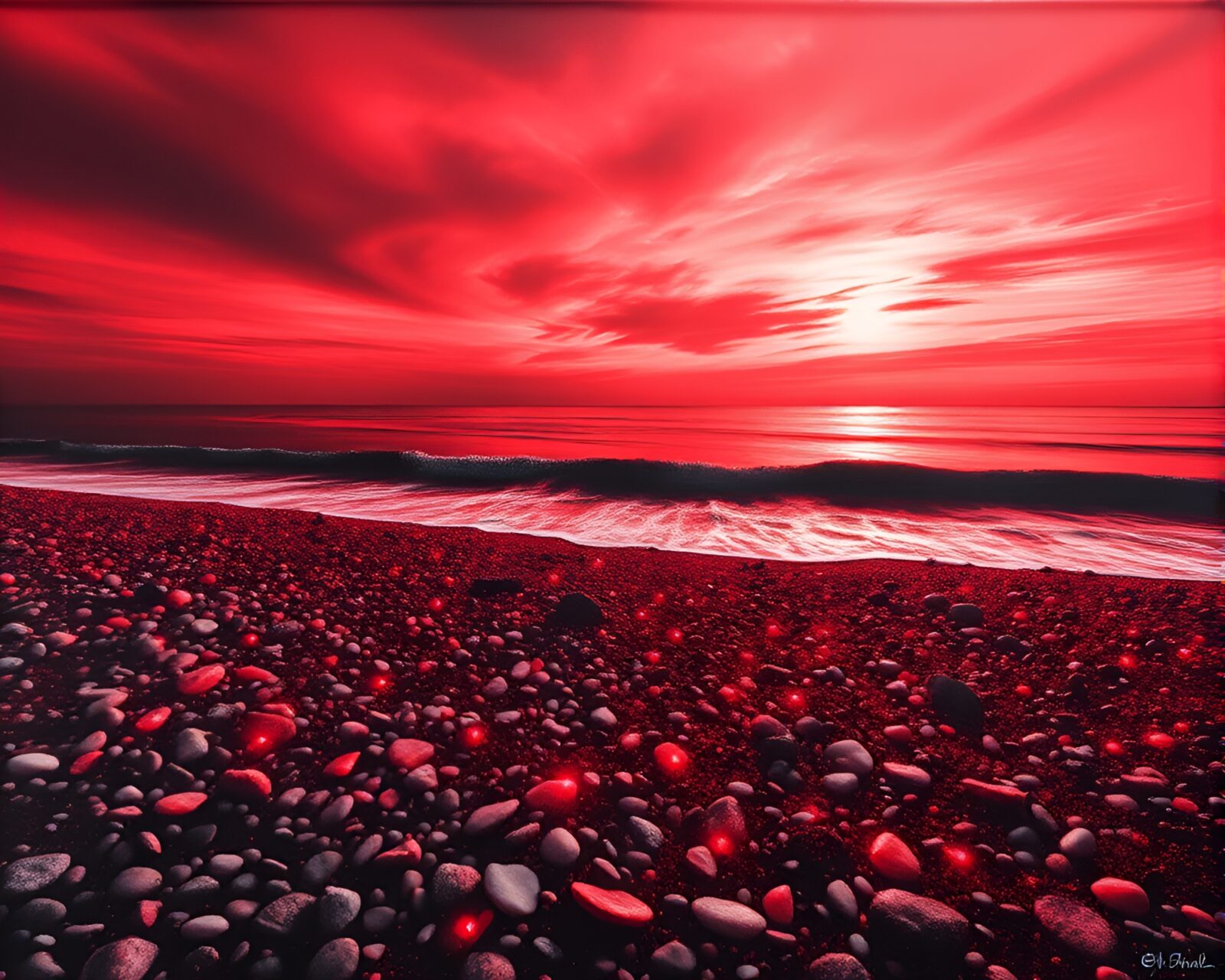 Vibrant acrylic painting of glowing fiber optics on a red pebble beach
