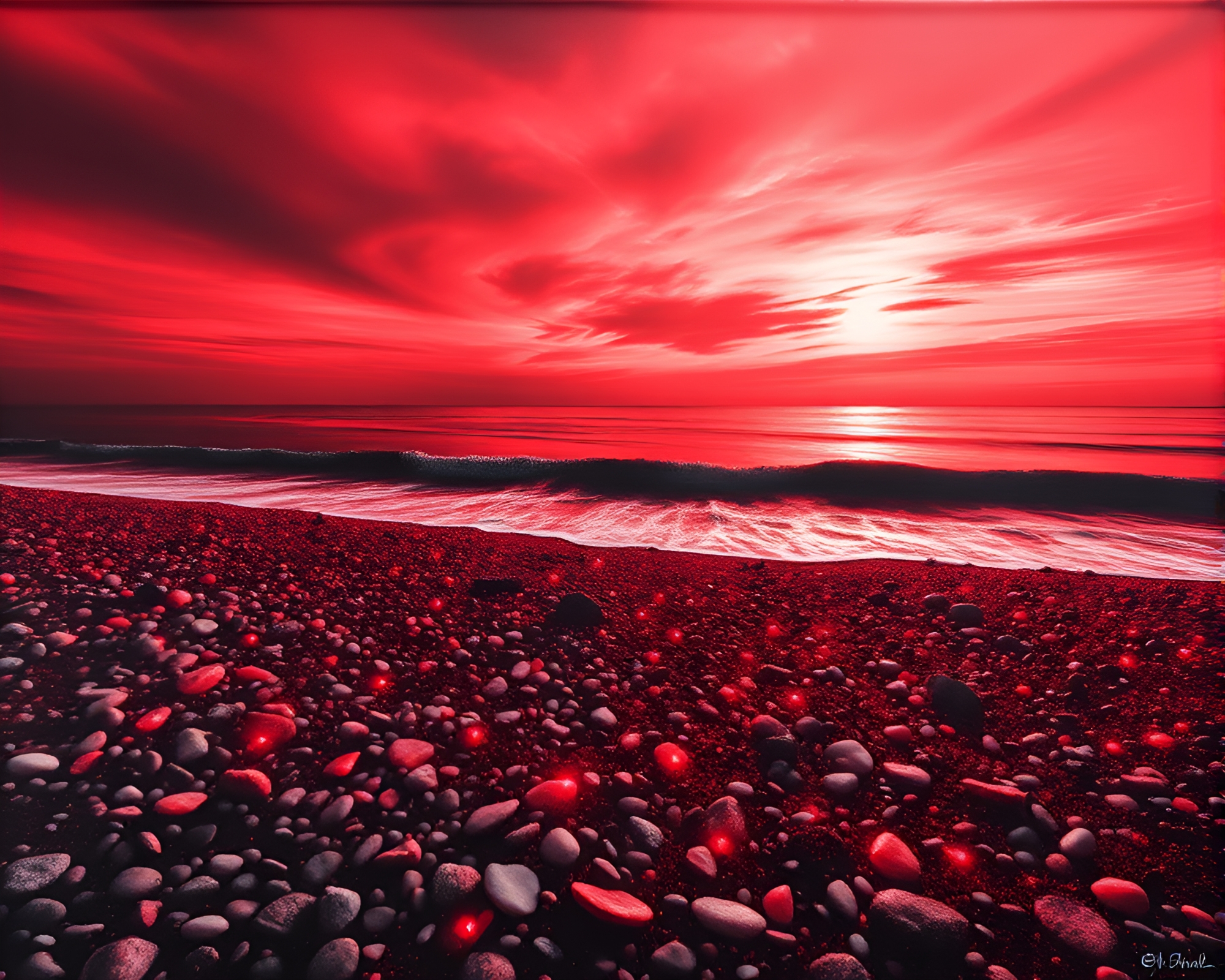 Radiant Fiber Optics Illuminating Monochrome Red Pebble Beach – free AI stock image