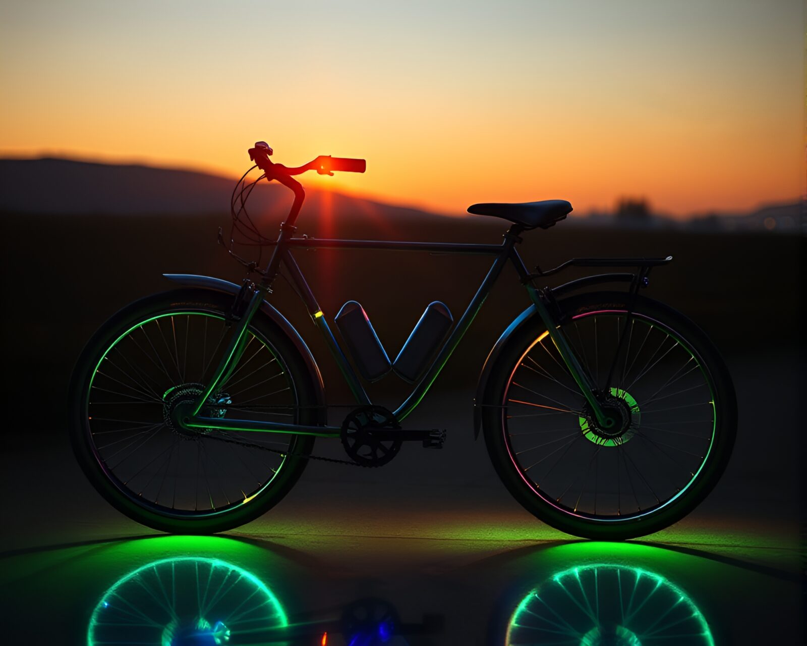 Glow-in-the-dark solar-powered bike surrounded by vibrant rainbow colors