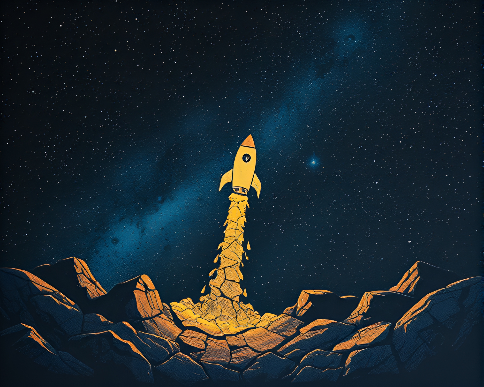 Cracked Earth Rocket Soaring Through Starlit Sky – free AI stock image